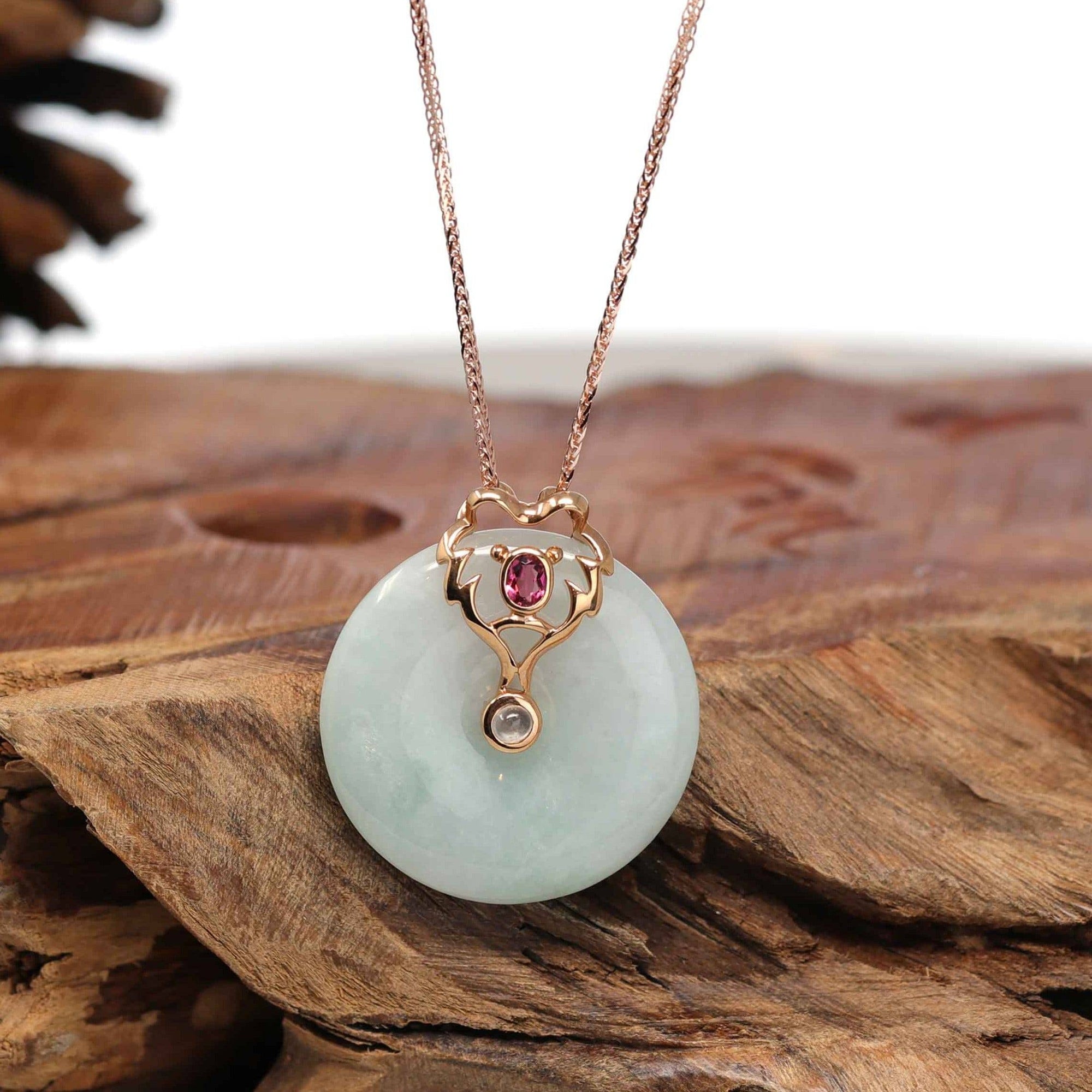 Baikalla Jewelry God Jadeite Necklace 18k Rose Gold Genuine Jadeite Constellation (Leo) Necklace Pendant with Tourmaline