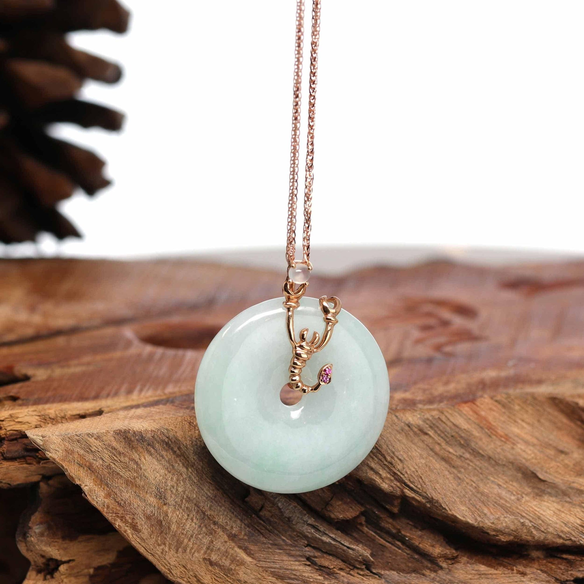 Baikalla Jewelry Gold Jadeite Pendant 18k Rose Gold Genuine Burmese Jadeite Constellation (Scorpio) Necklace Pendant with Ruby