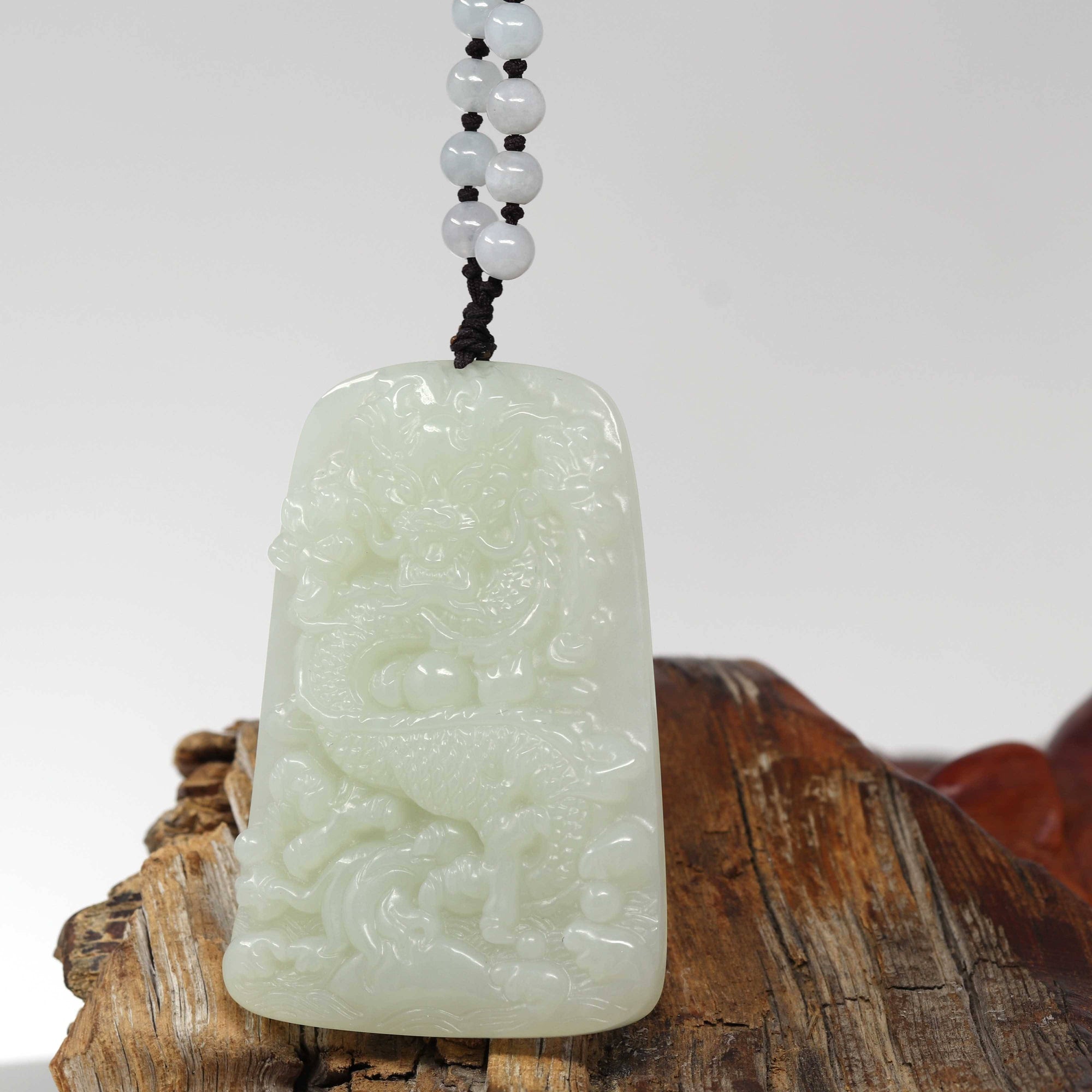 Baikalla Jewelry Nephrite Jade Necklace Natural White Nephrite Jade Double Dragon Pendant Necklace ( Carved Art )