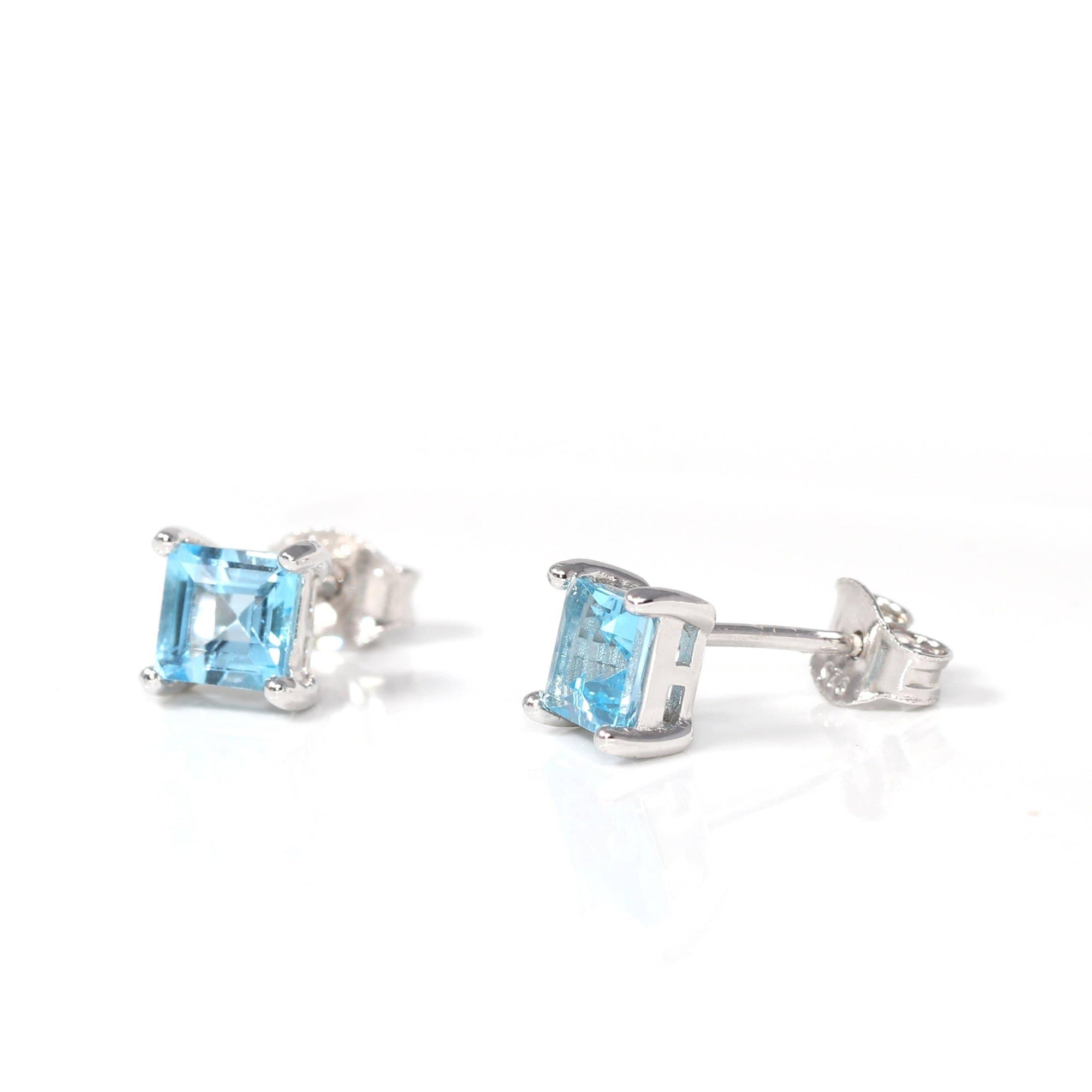 Baikalla Jewelry Silver Gemstones Earrings Baikalla™ Classic Sterling Silver Natural Swiss Blue Princess Cut Topaz Stud Earrings