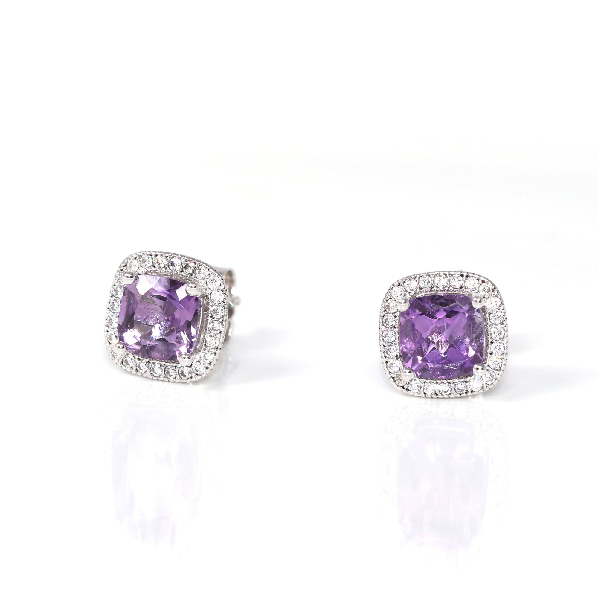 Baikalla Jewelry Silver Gemstones Earrings Baikalla™ Classic Sterling Silver Natural Cushion Cut Amethyst Stud Earrings