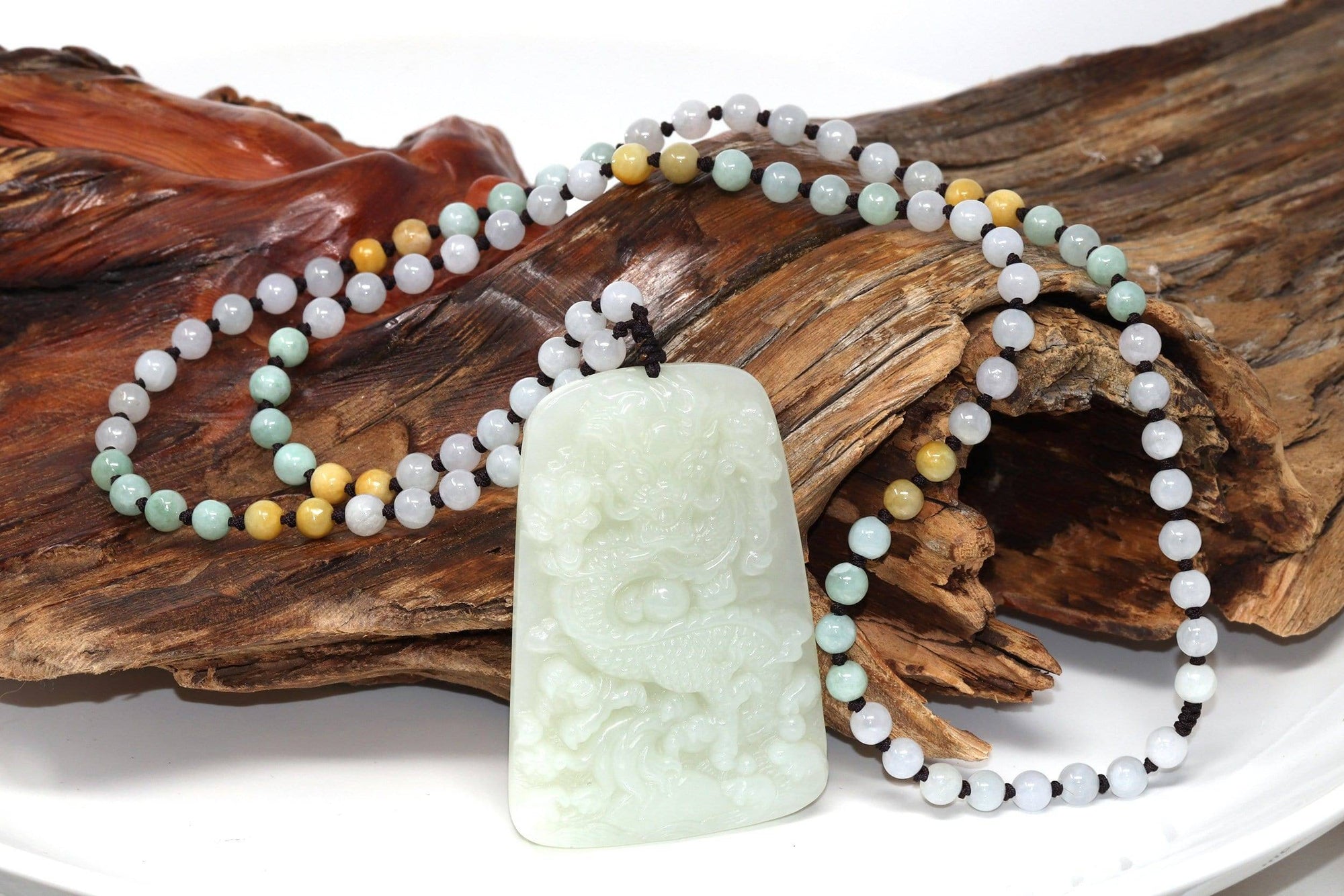 Baikalla Jewelry Nephrite Jade Necklace Natural White Nephrite Jade Double Dragon Pendant Necklace ( Carved Art )