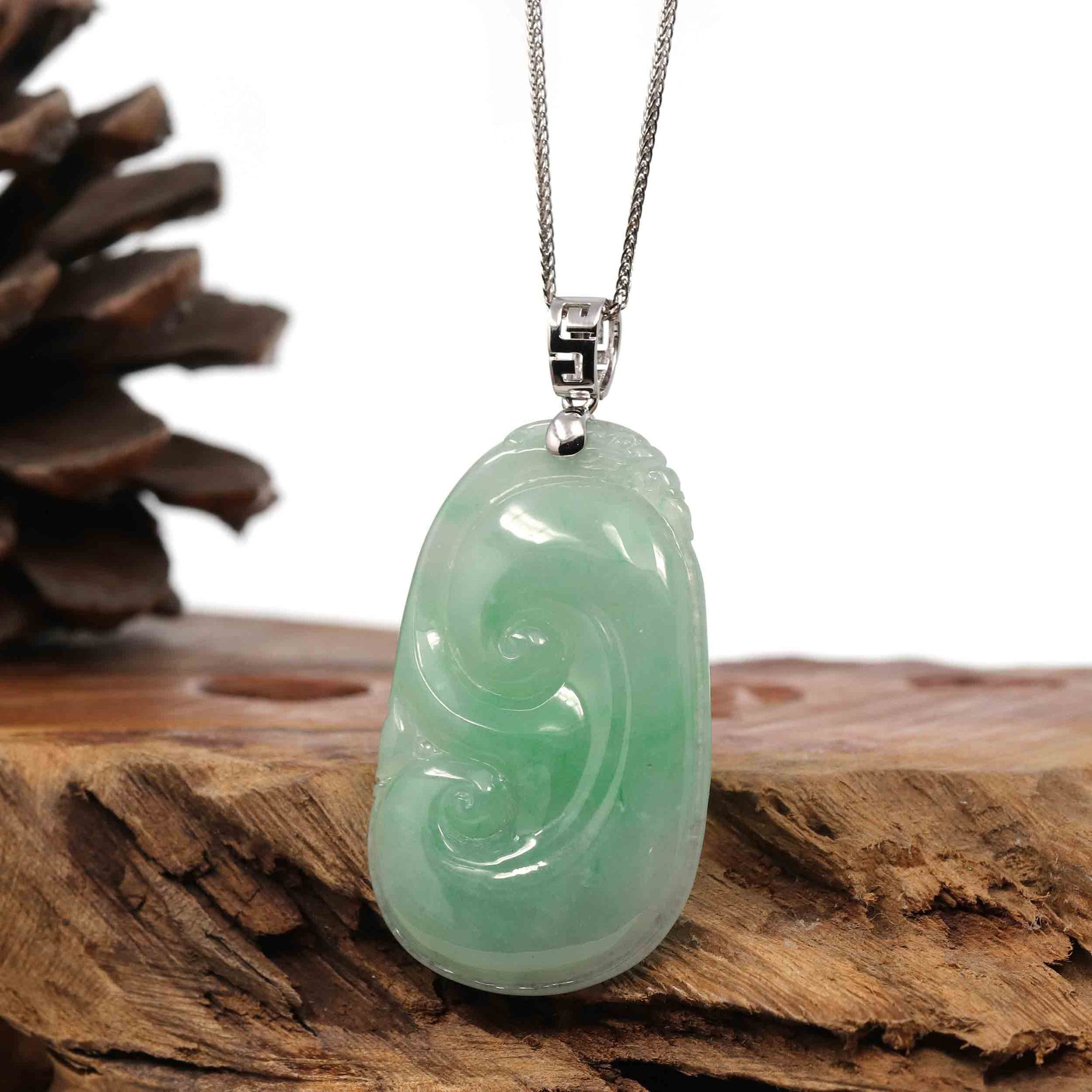 Baikalla Jewelry Jade Pendant Natural Green Jadeite Jade Ru Yi Necklace With 14k White Gold Bail