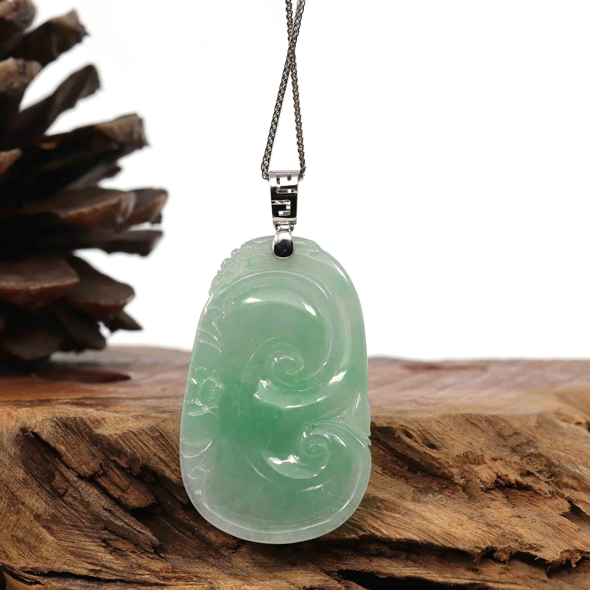 Baikalla Jewelry Jade Pendant Natural Green Jadeite Jade Ru Yi Necklace With 14k White Gold Bail