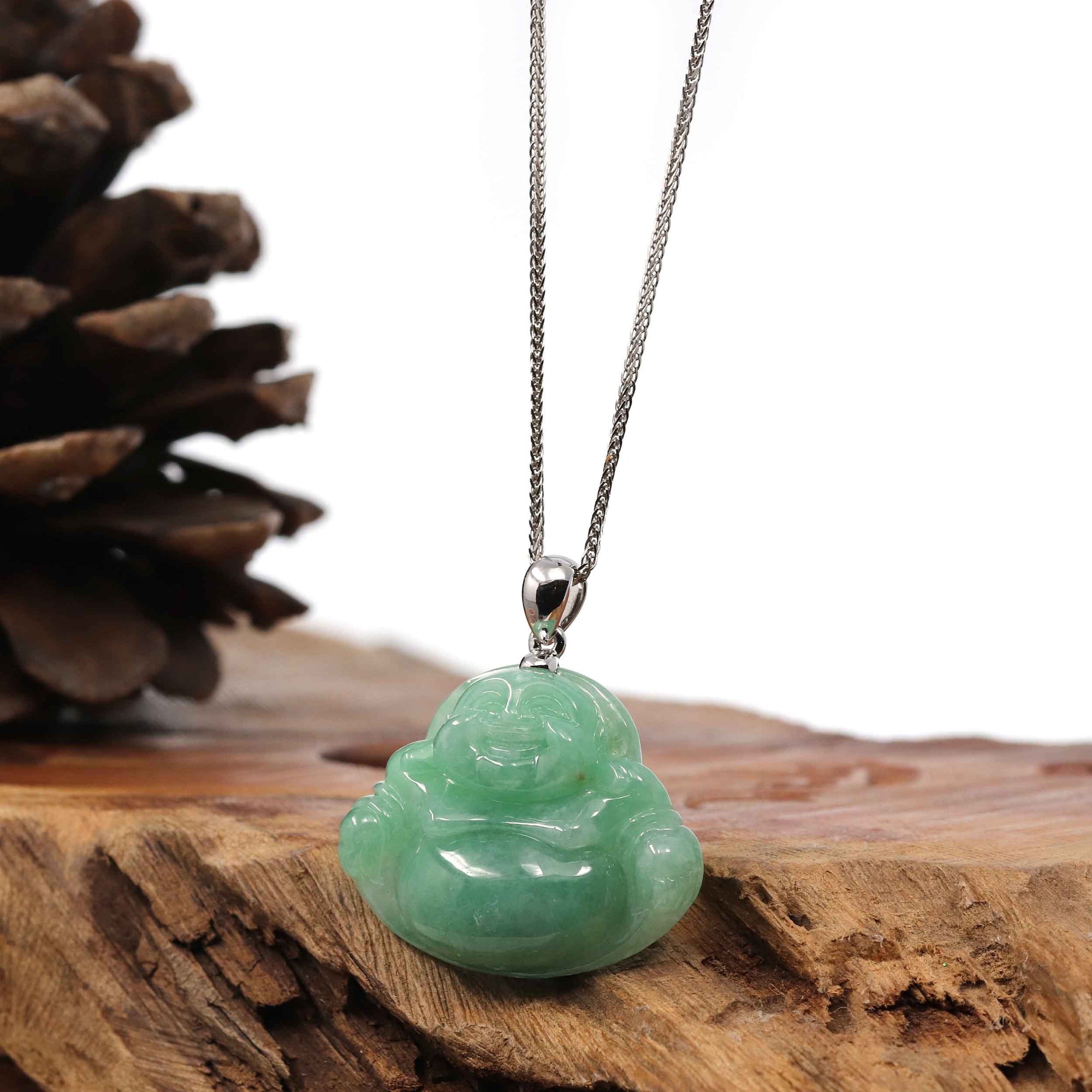 Baikalla Jewelry Jade Buddha Pendant Copy of Copy of Baikalla™ "Laughing Buddha" Genuine Vibrant Green Jadeite Buddha Pendant Necklace With 14k White Gold Bail