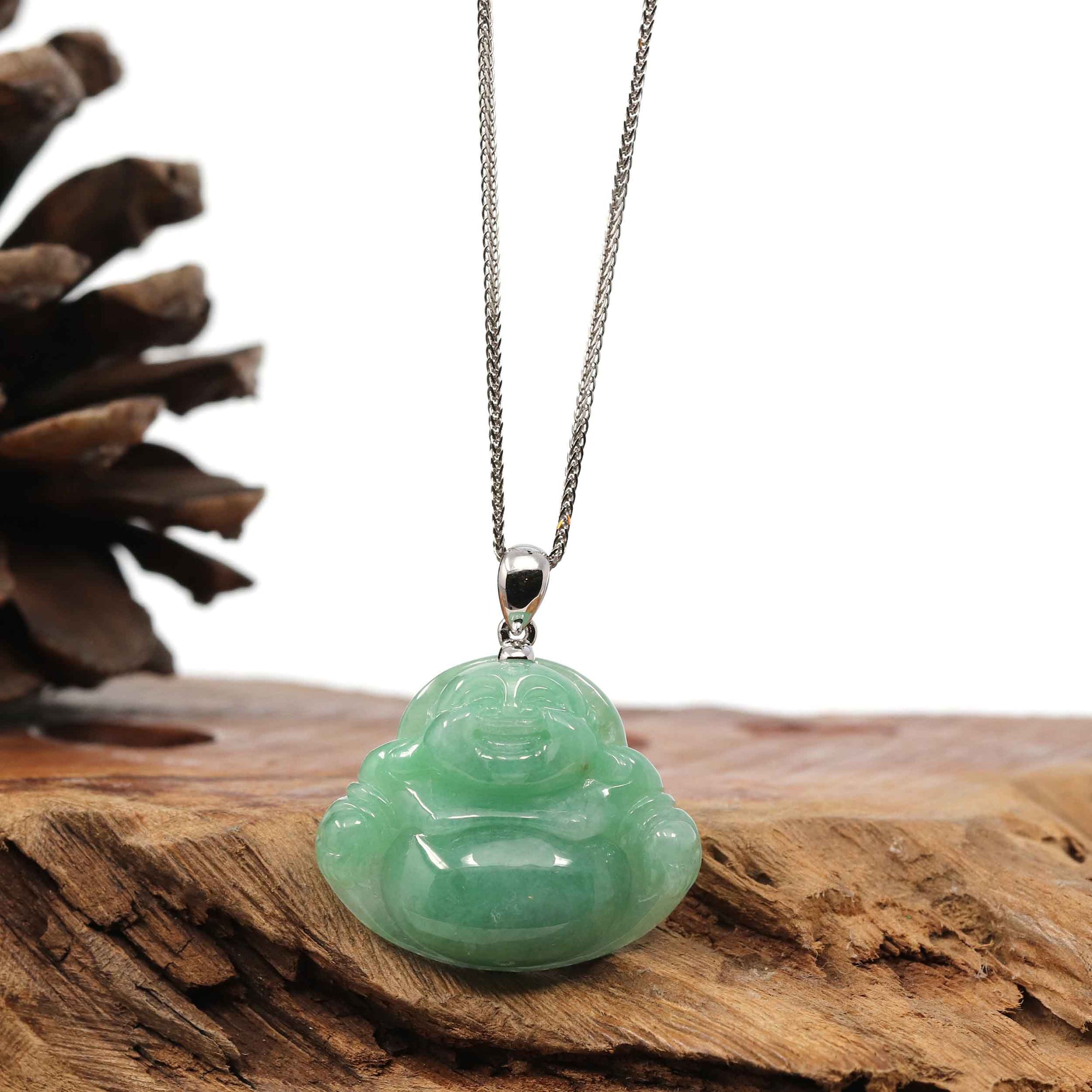 Baikalla Jewelry Jade Buddha Pendant Copy of Copy of Baikalla™ "Laughing Buddha" Genuine Vibrant Green Jadeite Buddha Pendant Necklace With 14k White Gold Bail