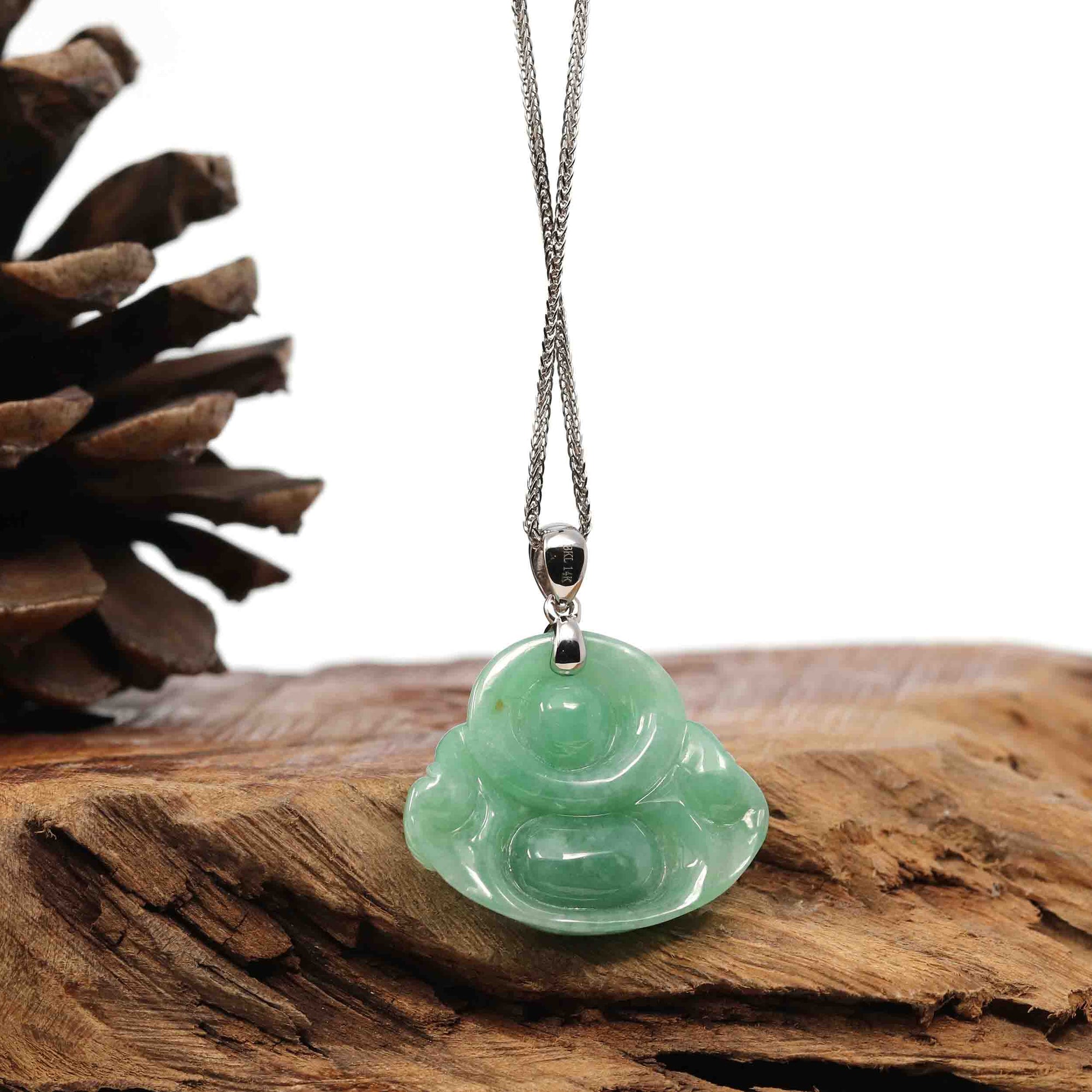 Baikalla Jewelry Jade Buddha Pendant Copy of Copy of Baikalla™ "Laughing Buddha" Genuine Vibrant Green Jadeite Buddha Pendant Necklace With 14k White Gold Bail