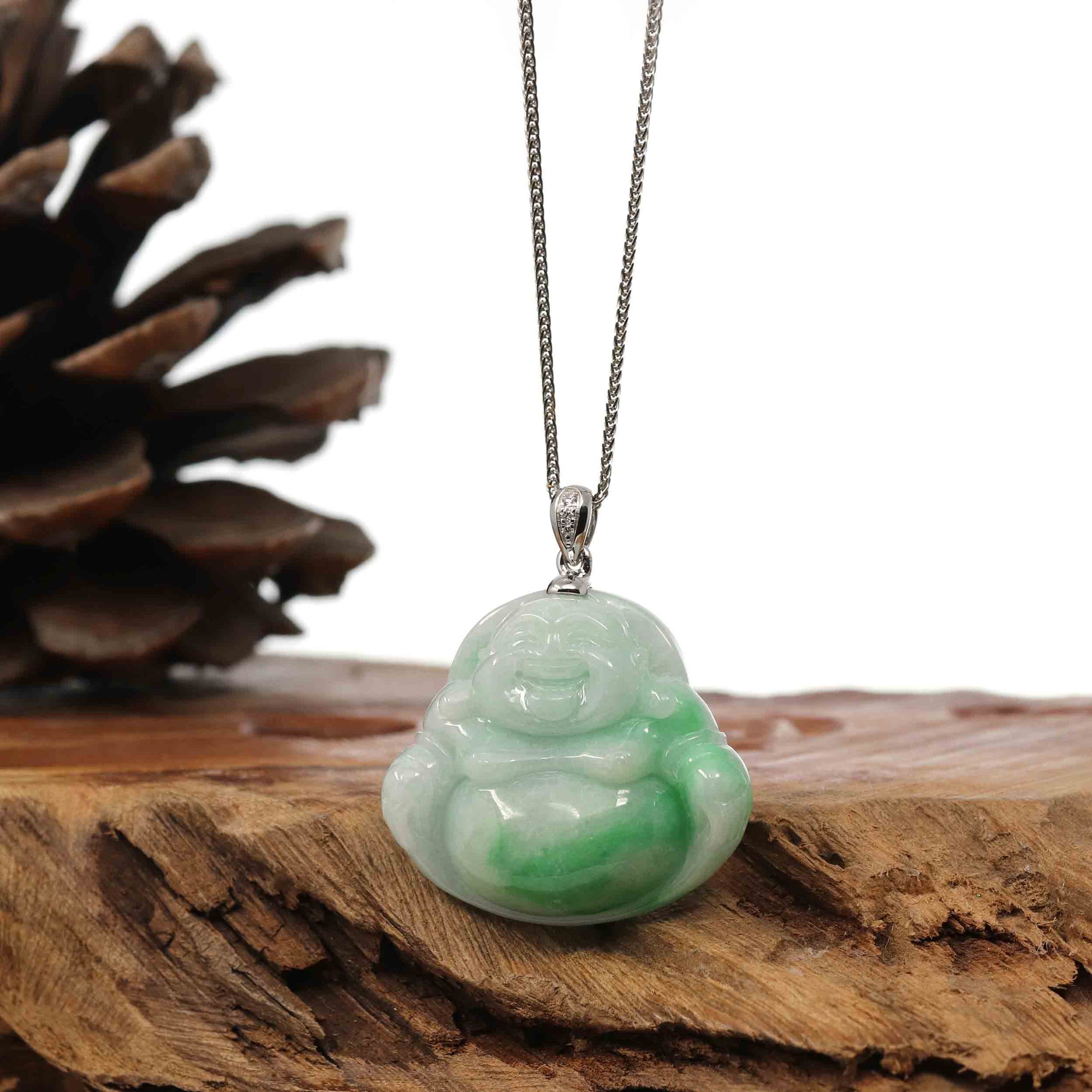 Baikalla Jewelry Jade Buddha Pendant Copy of Baikalla™ "Laughing Buddha" Genuine Green Jadeite Buddha Pendant Necklace With 14k White Gold Diamond Bail