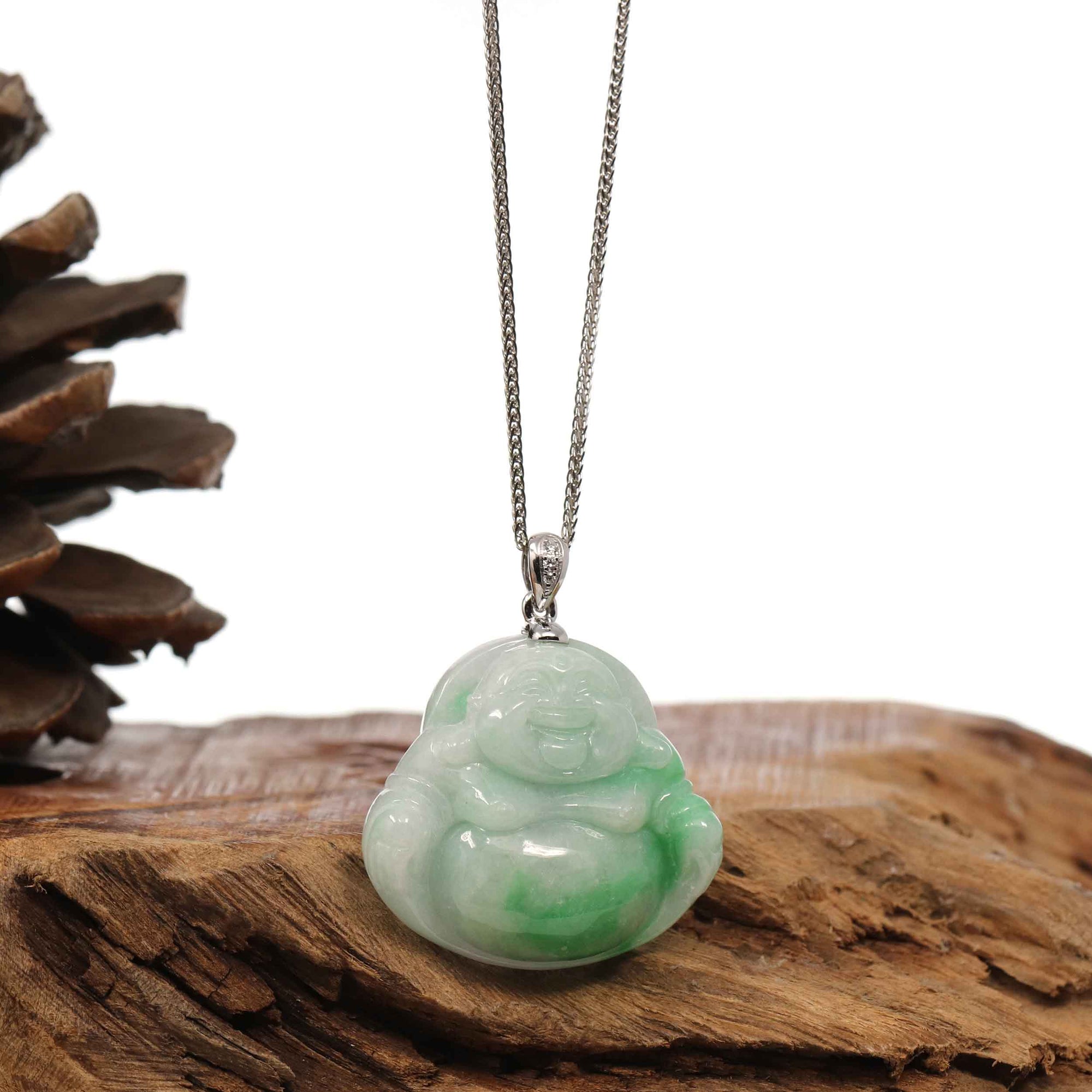 Baikalla Jewelry Jade Buddha Pendant Copy of Baikalla™ &quot;Laughing Buddha&quot; Genuine Green Jadeite Buddha Pendant Necklace With 14k White Gold Diamond Bail