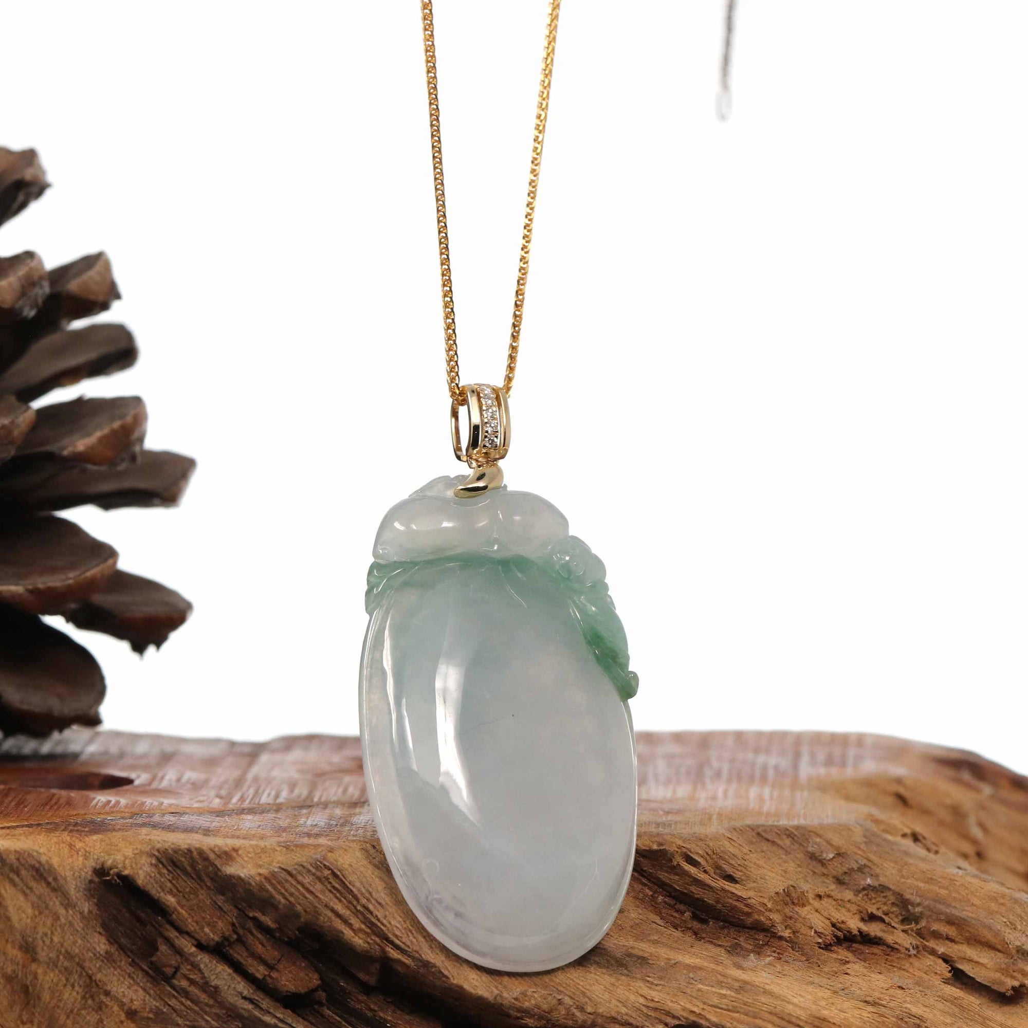 Baikalla Jewelry Jade Pendant Copy of Copy of Baikalla Natural Green Jadeite Jade Shou Tao ( Longevity Peach ) Necklace With 14k Yellow Gold VS1 Diamond Bail