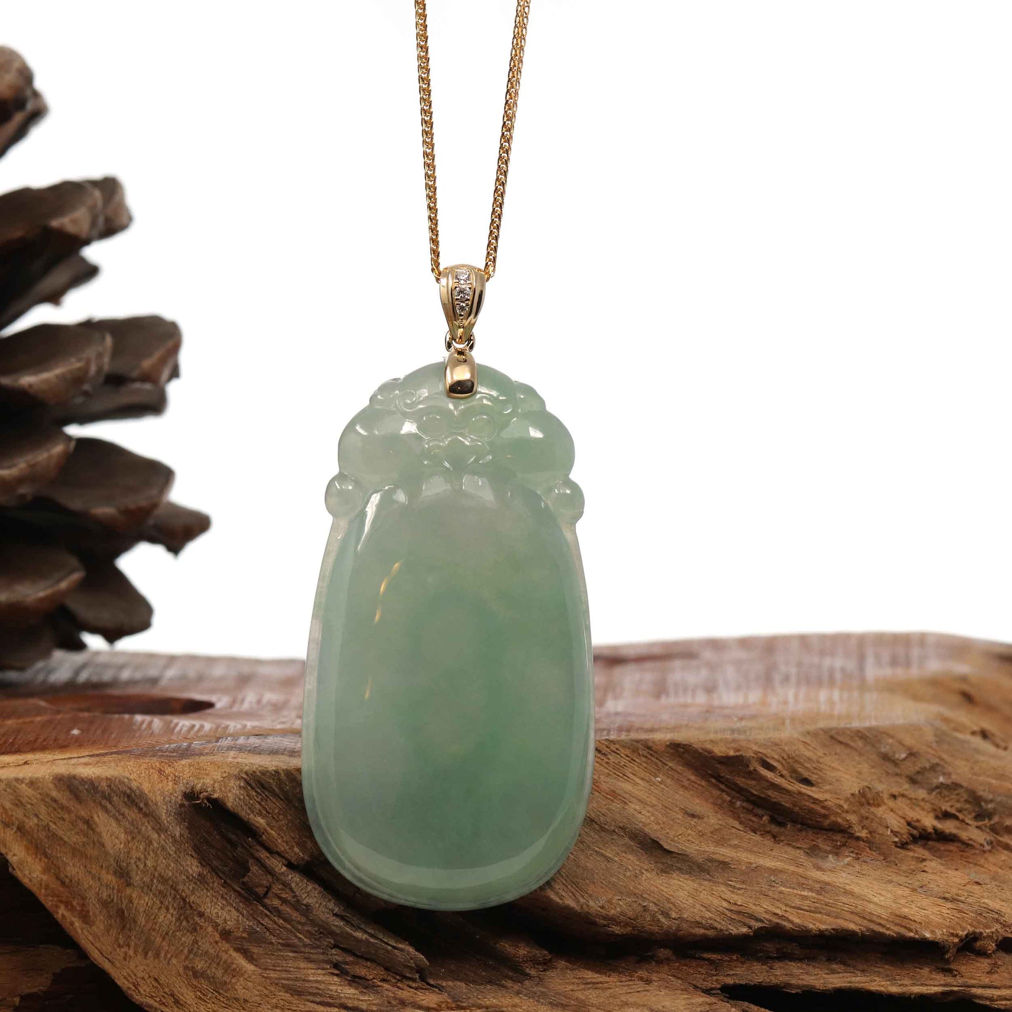 Baikalla Jewelry Jade Pendant Copy of Baikalla Natural Green Jadeite Jade Shou Tao ( Longevity Peach ) Necklace With 14k Yellow Gold VS1 Diamond Bail