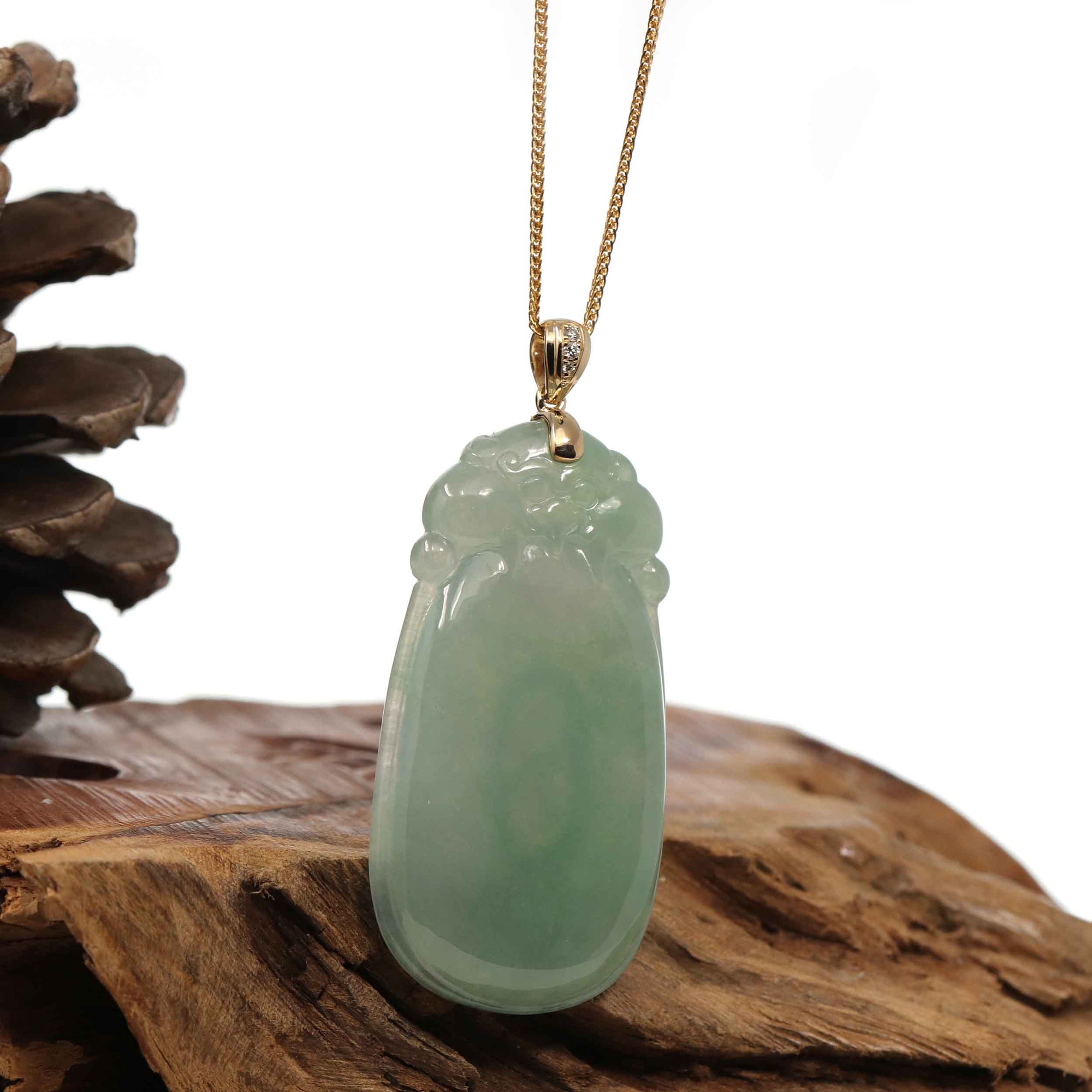 Baikalla Jewelry Jade Pendant Copy of Baikalla Natural Green Jadeite Jade Shou Tao ( Longevity Peach ) Necklace With 14k Yellow Gold VS1 Diamond Bail