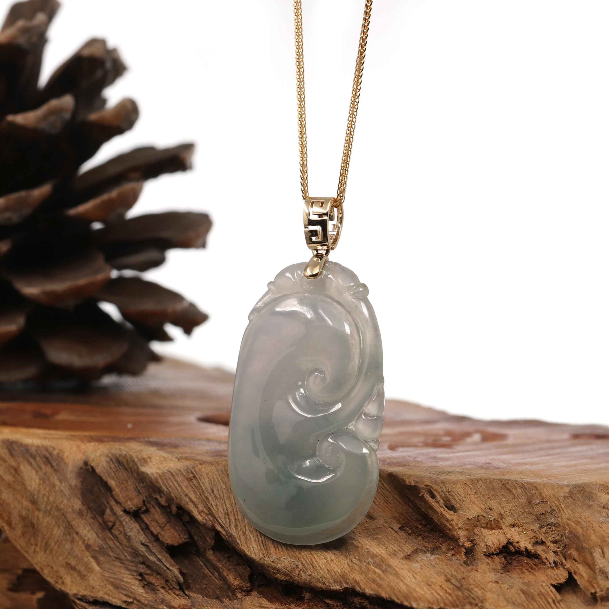 Baikalla Jewelry Jade Pendant Copy of Copy of 14k Yellow Gold Genuine Burmese Light Lavender Jadeite Happiness and Safety (Fu & Pingan) Pendant Necklace