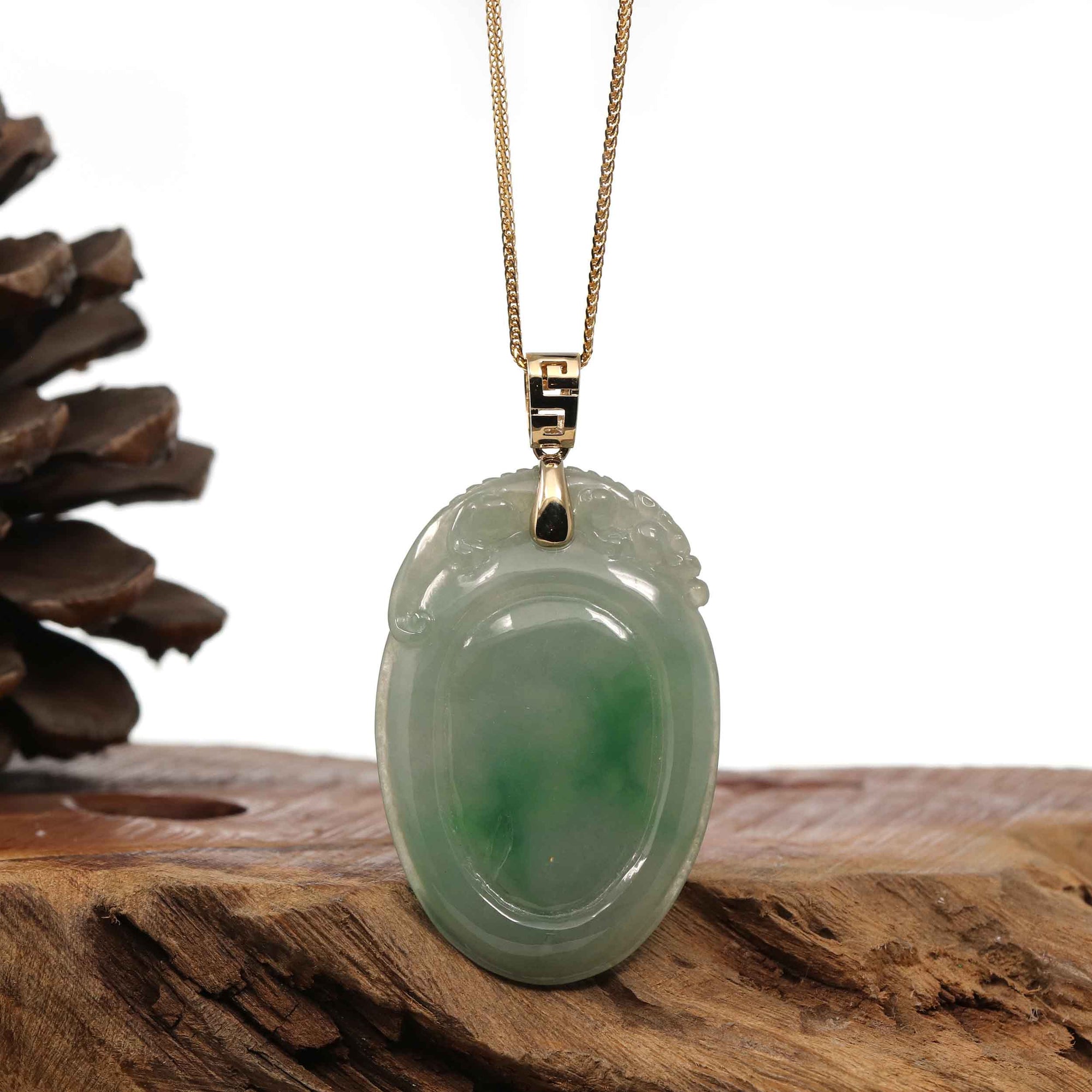 Baikalla Jewelry Jade Pendant Baikalla Natural Green Jadeite Jade Shou Tao ( Longevity Peach ) Necklace With 14k Yellow Gold VS1 Diamond Bail