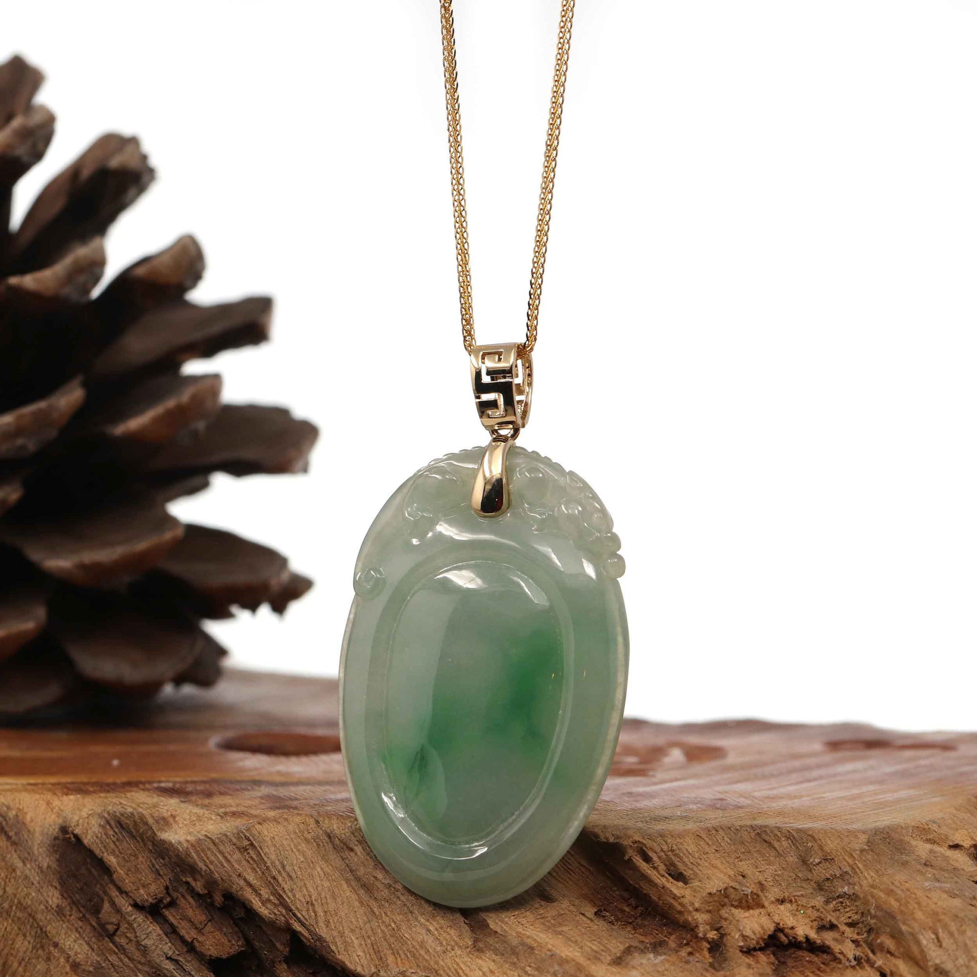 Baikalla Jewelry Jade Pendant Baikalla Natural Green Jadeite Jade Shou Tao ( Longevity Peach ) Necklace With 14k Yellow Gold VS1 Diamond Bail