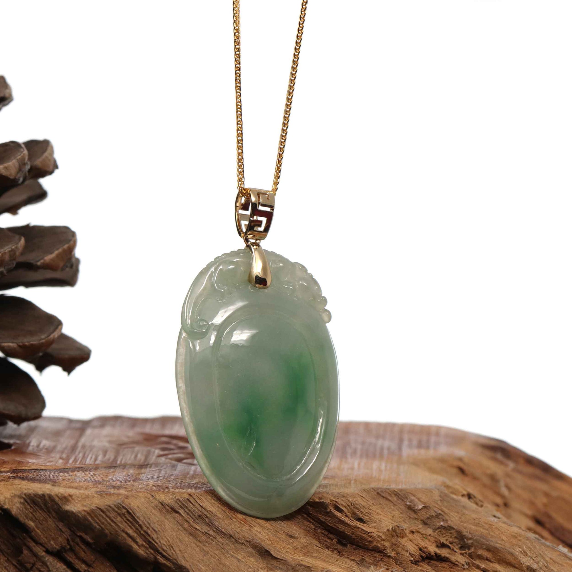 Baikalla Jewelry Jade Pendant Baikalla Natural Green Jadeite Jade Shou Tao ( Longevity Peach ) Necklace With 14k Yellow Gold VS1 Diamond Bail