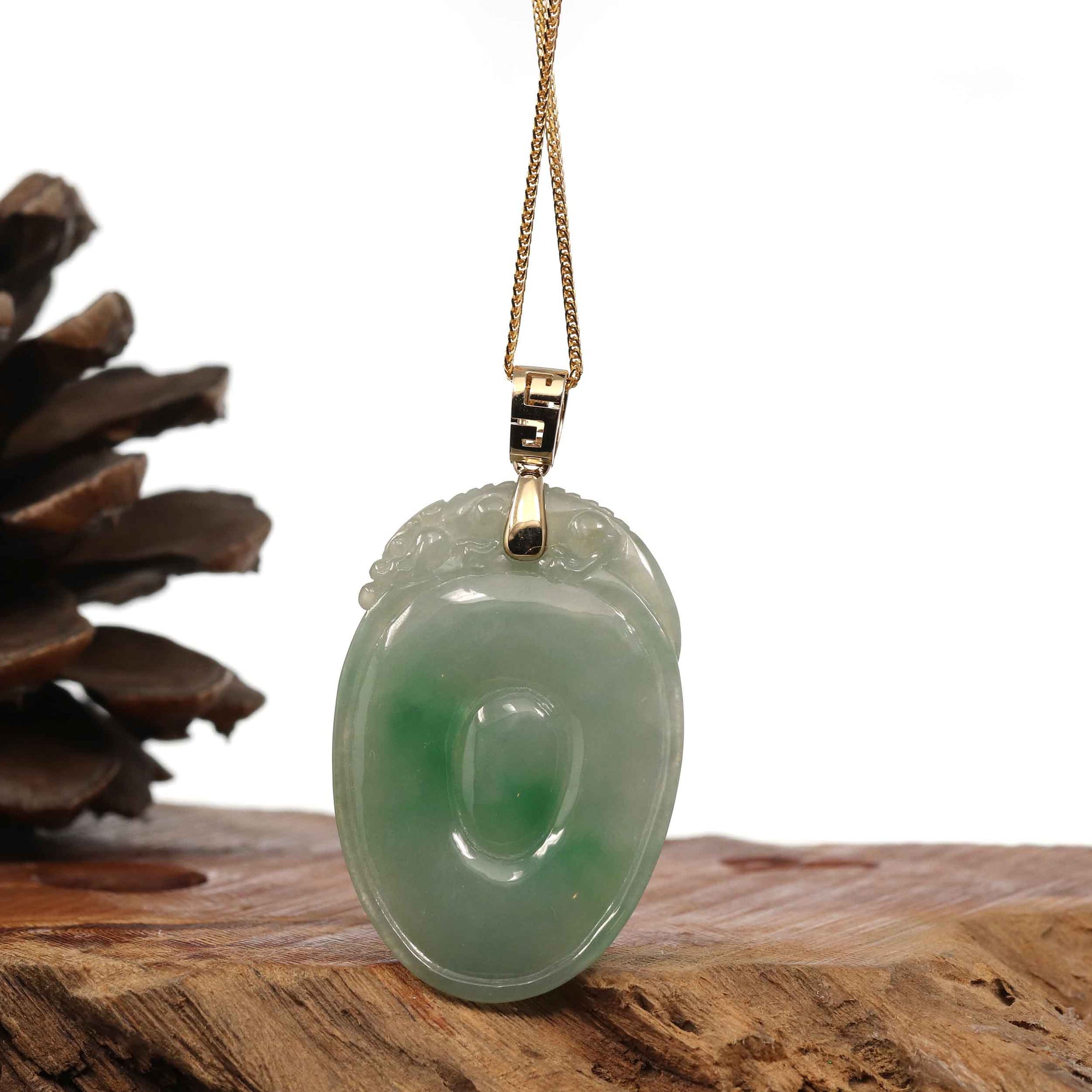 Baikalla Jewelry Jade Pendant Baikalla Natural Green Jadeite Jade Shou Tao ( Longevity Peach ) Necklace With 14k Yellow Gold VS1 Diamond Bail