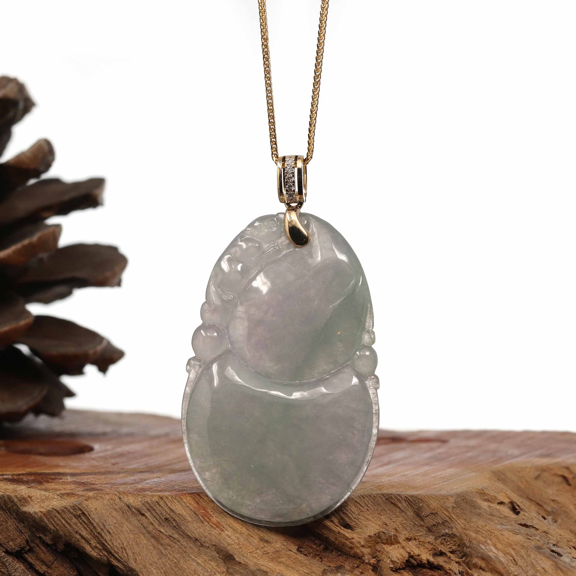 Baikalla Jewelry Jade Pendant 14K Yellow Gold Jadeite Jade Good Luck Hulu Bottle Gourd Necklace With Diamonds