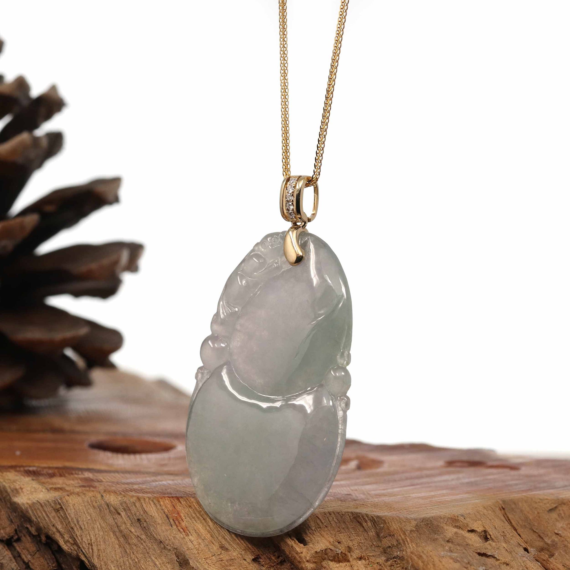 Baikalla Jewelry Jade Pendant 14K Yellow Gold Jadeite Jade Good Luck Hulu Bottle Gourd Necklace With Diamonds