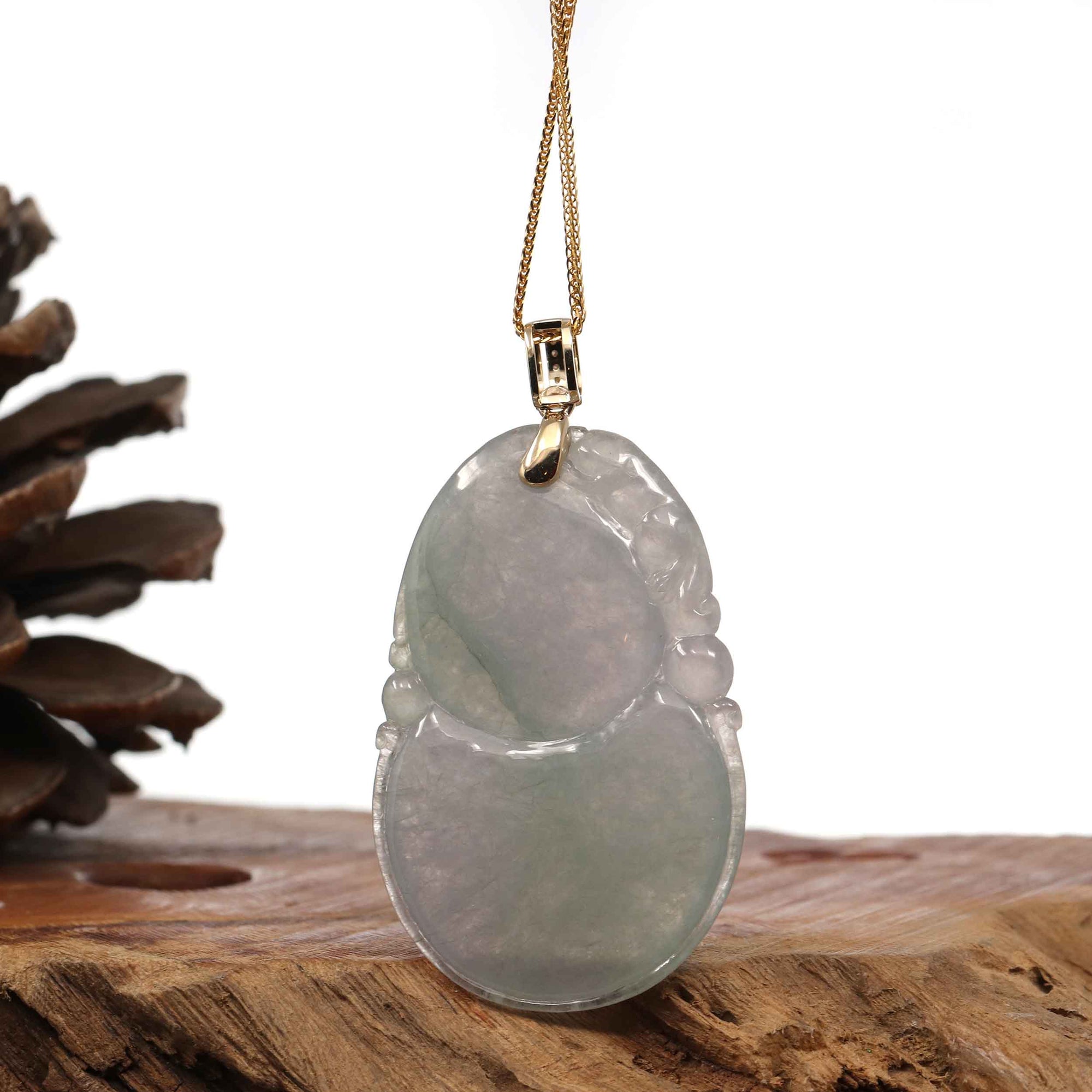 Baikalla Jewelry Jade Pendant 14K Yellow Gold Jadeite Jade Good Luck Hulu Bottle Gourd Necklace With Diamonds