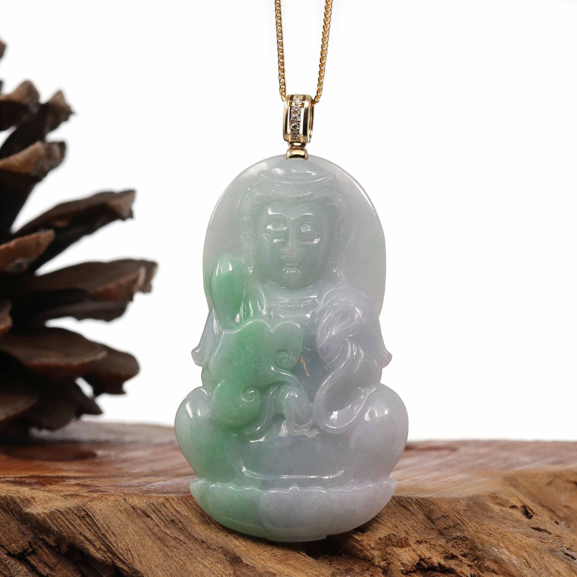 Baikalla Jewelry Jade Guanyin Pendant Necklace Copy of Baikalla 14k "Goddess of Compassion" Genuine Burmese Jadeite Jade Guanyin Necklace With Diamond Bail