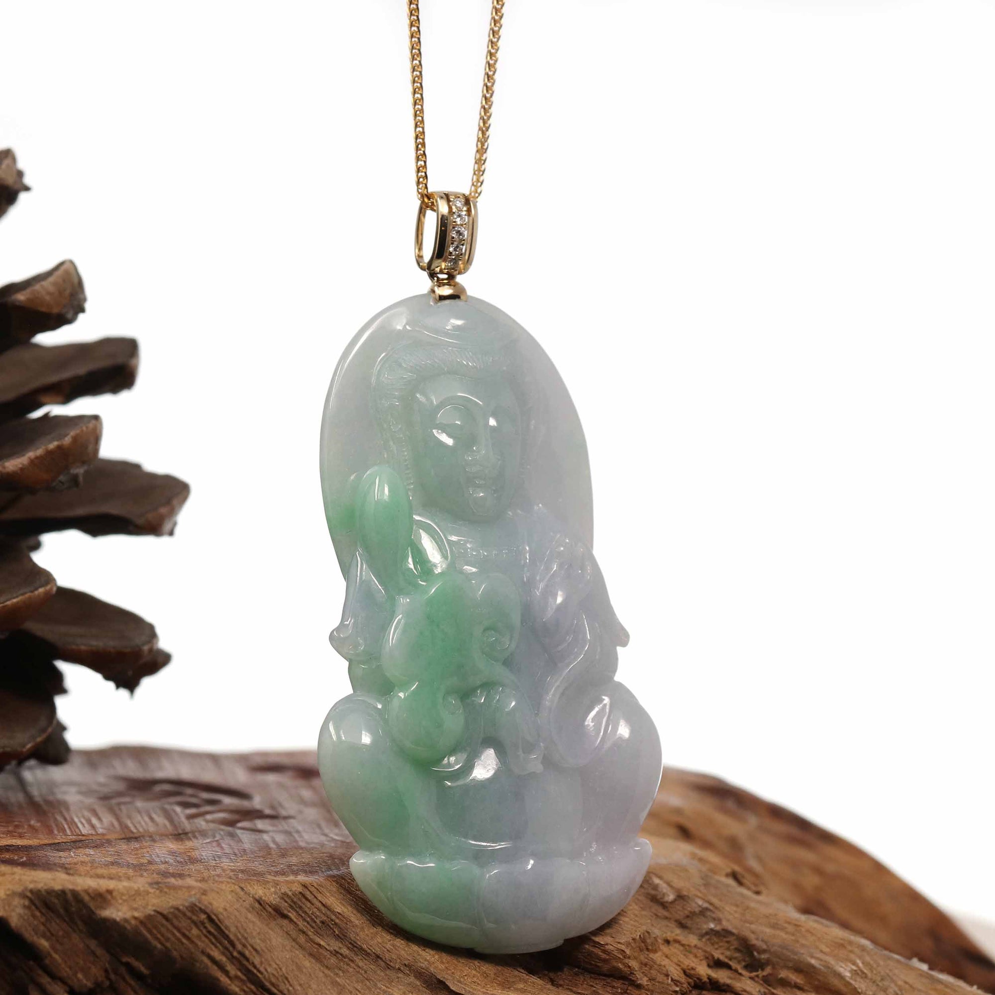 Baikalla Jewelry Jade Guanyin Pendant Necklace Copy of Baikalla 14k "Goddess of Compassion" Genuine Burmese Jadeite Jade Guanyin Necklace With Diamond Bail