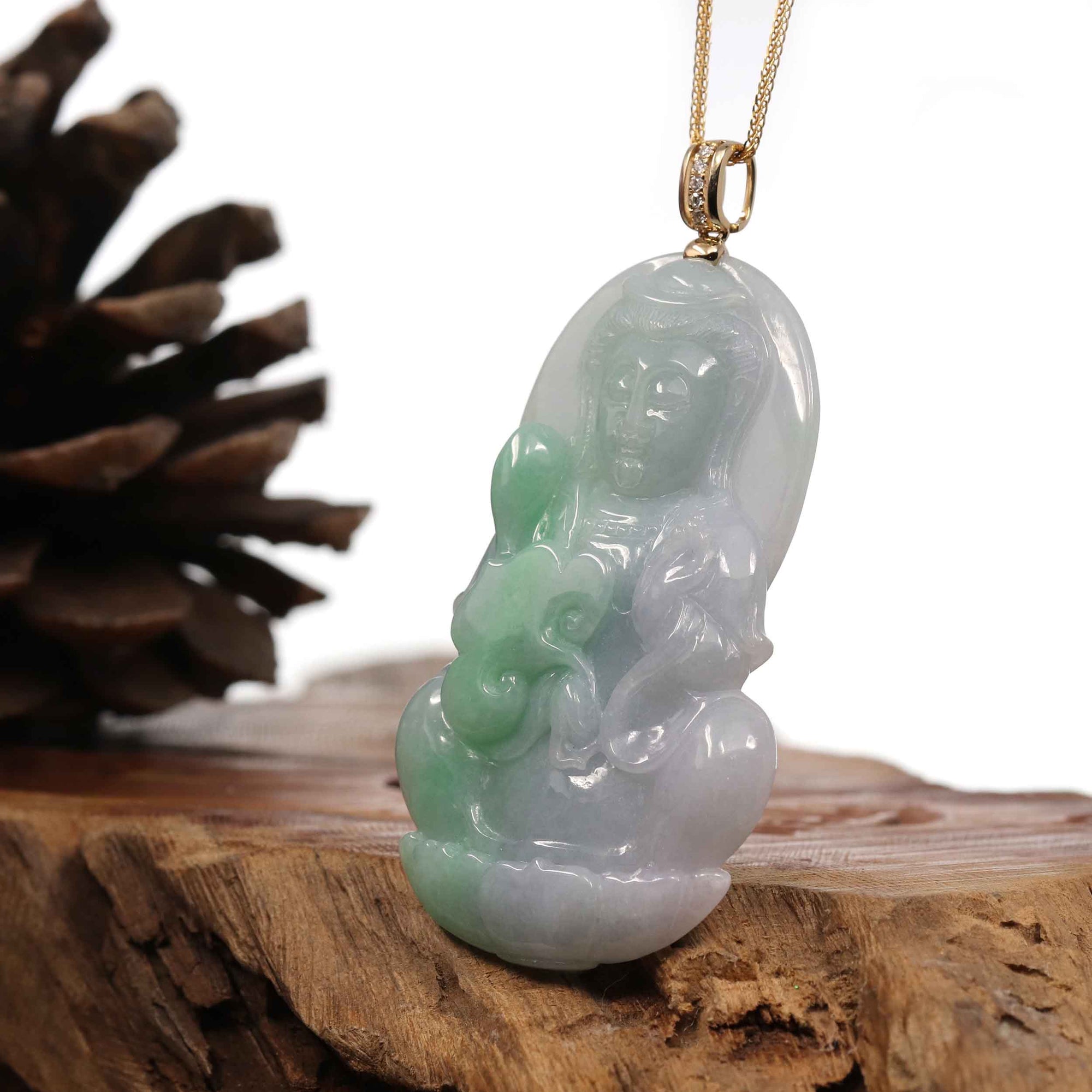 Baikalla Jewelry Jade Guanyin Pendant Necklace Copy of Baikalla 14k "Goddess of Compassion" Genuine Burmese Jadeite Jade Guanyin Necklace With Diamond Bail