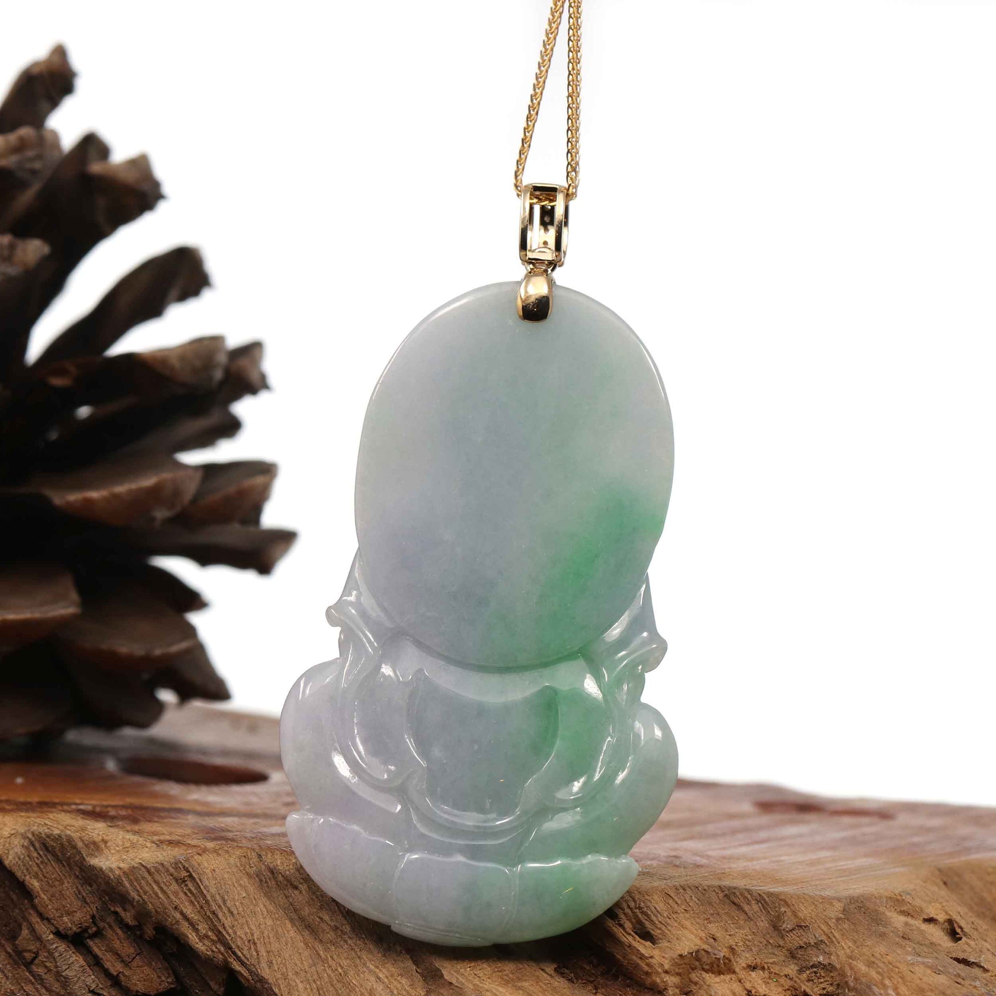 Baikalla Jewelry Jade Guanyin Pendant Necklace Copy of Baikalla 14k "Goddess of Compassion" Genuine Burmese Jadeite Jade Guanyin Necklace With Diamond Bail