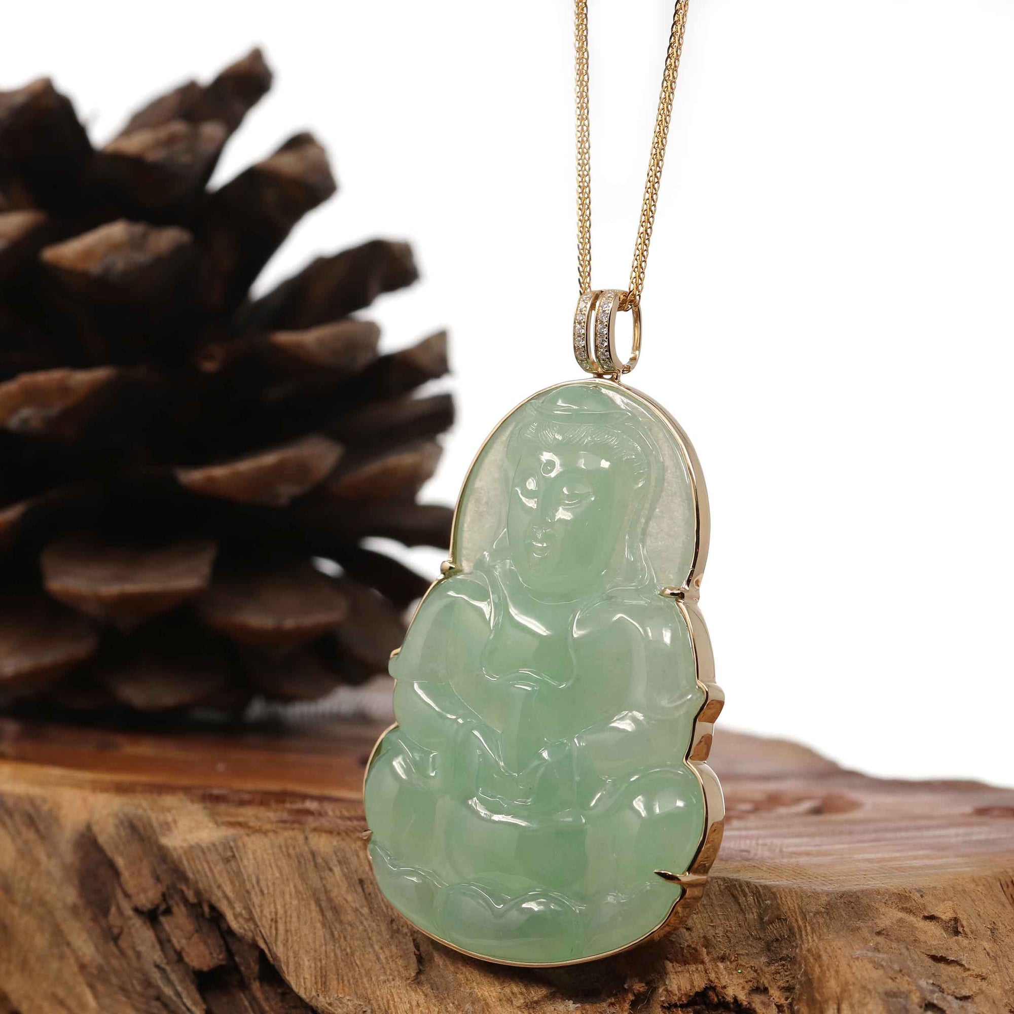 Baikalla Jewelry Jade Guanyin Pendant Necklace Copy of "Goddess of Compassion" 14k Yellow Gold Genuine Burmese Jadeite Jade Guanyin Necklace With Good Luck Design