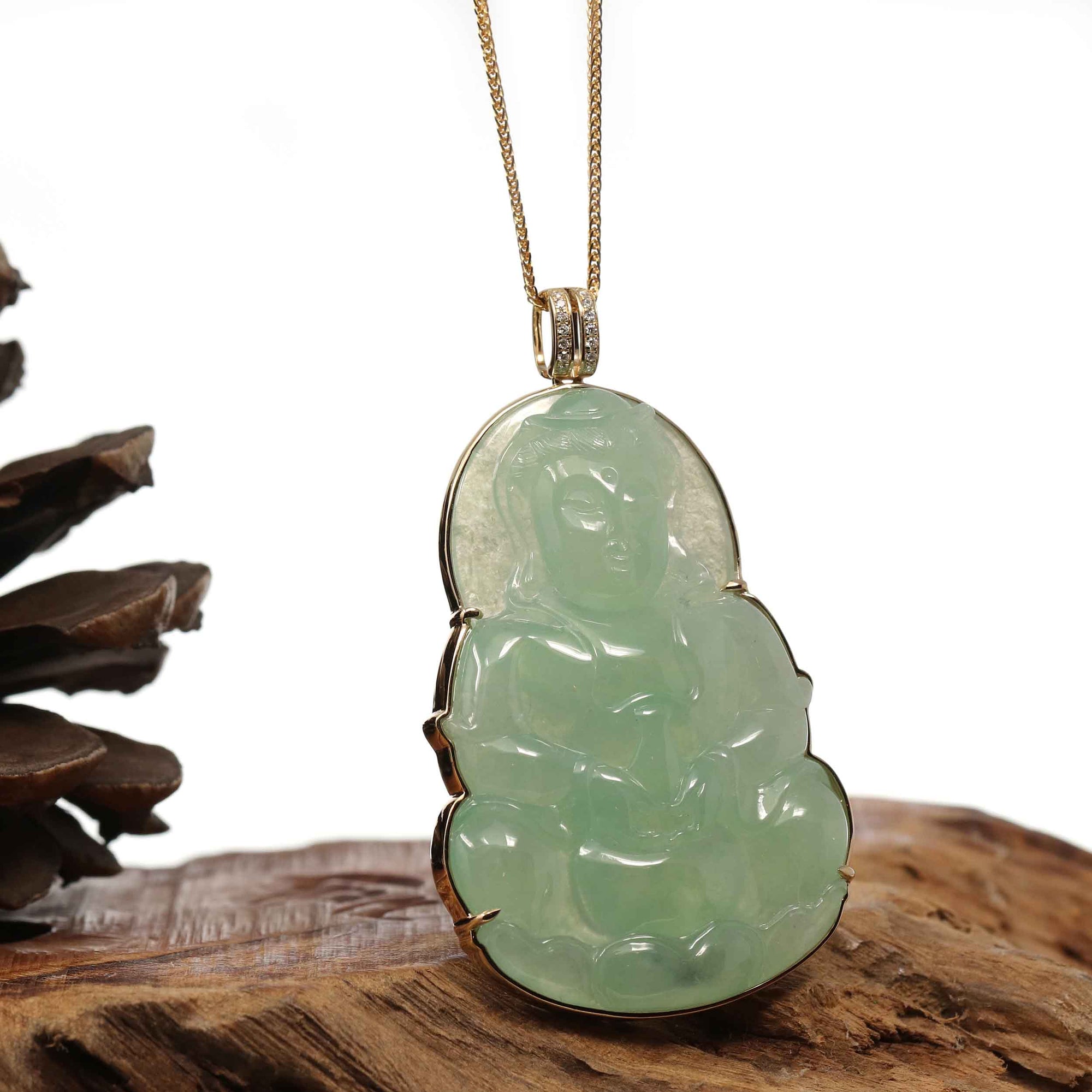 Baikalla Jewelry Jade Guanyin Pendant Necklace Copy of "Goddess of Compassion" 14k Yellow Gold Genuine Burmese Jadeite Jade Guanyin Necklace With Good Luck Design