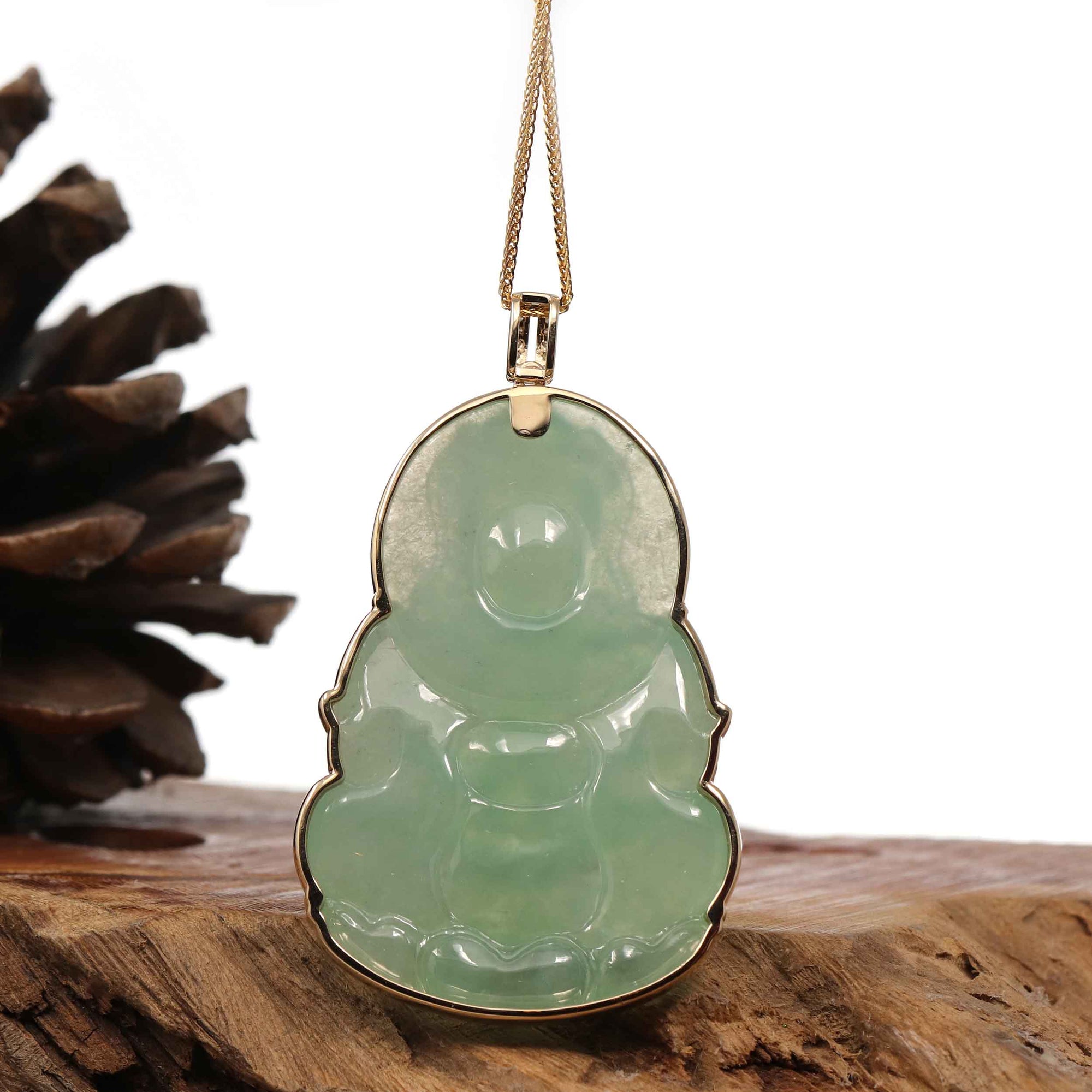 Baikalla Jewelry Jade Guanyin Pendant Necklace Copy of "Goddess of Compassion" 14k Yellow Gold Genuine Burmese Jadeite Jade Guanyin Necklace With Good Luck Design