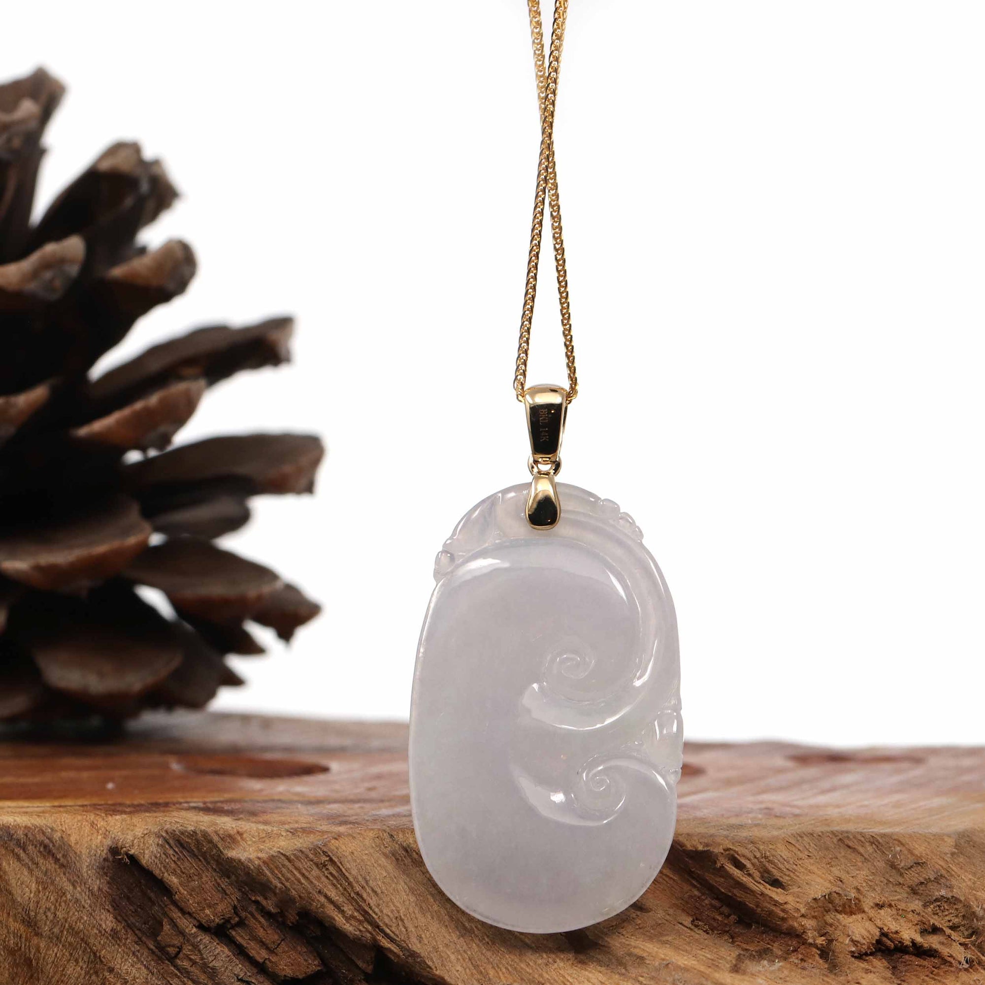 Baikalla Jewelry Jade Pendant Copy of Copy of Copy of Copy of Copy of 14k Yellow Gold Genuine Burmese Light Lavender Jadeite Happiness and Safety (Fu & Pingan) Pendant Necklace