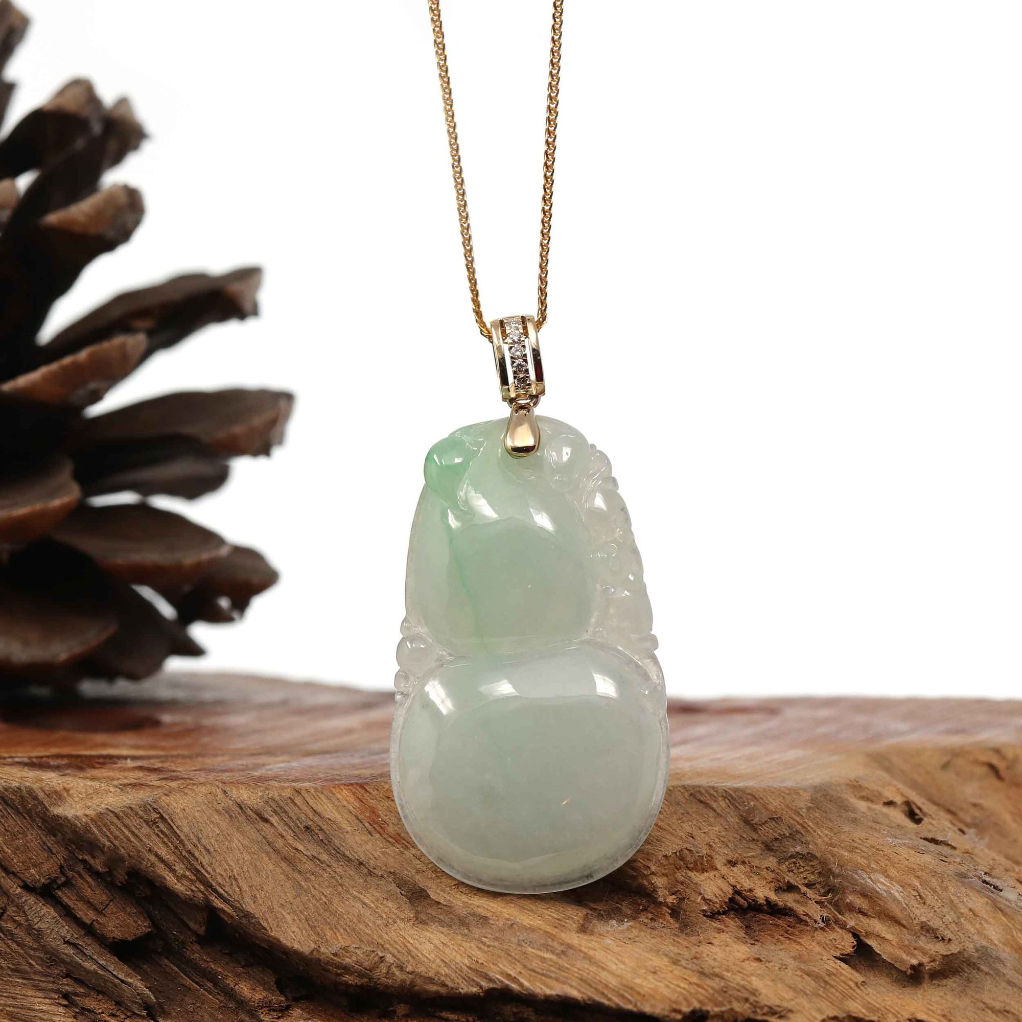 Baikalla Jewelry Jade Pendant 14K Yellow Gold Jadeite Jade Good Luck Hulu Bottle Gourd Necklace With Diamonds