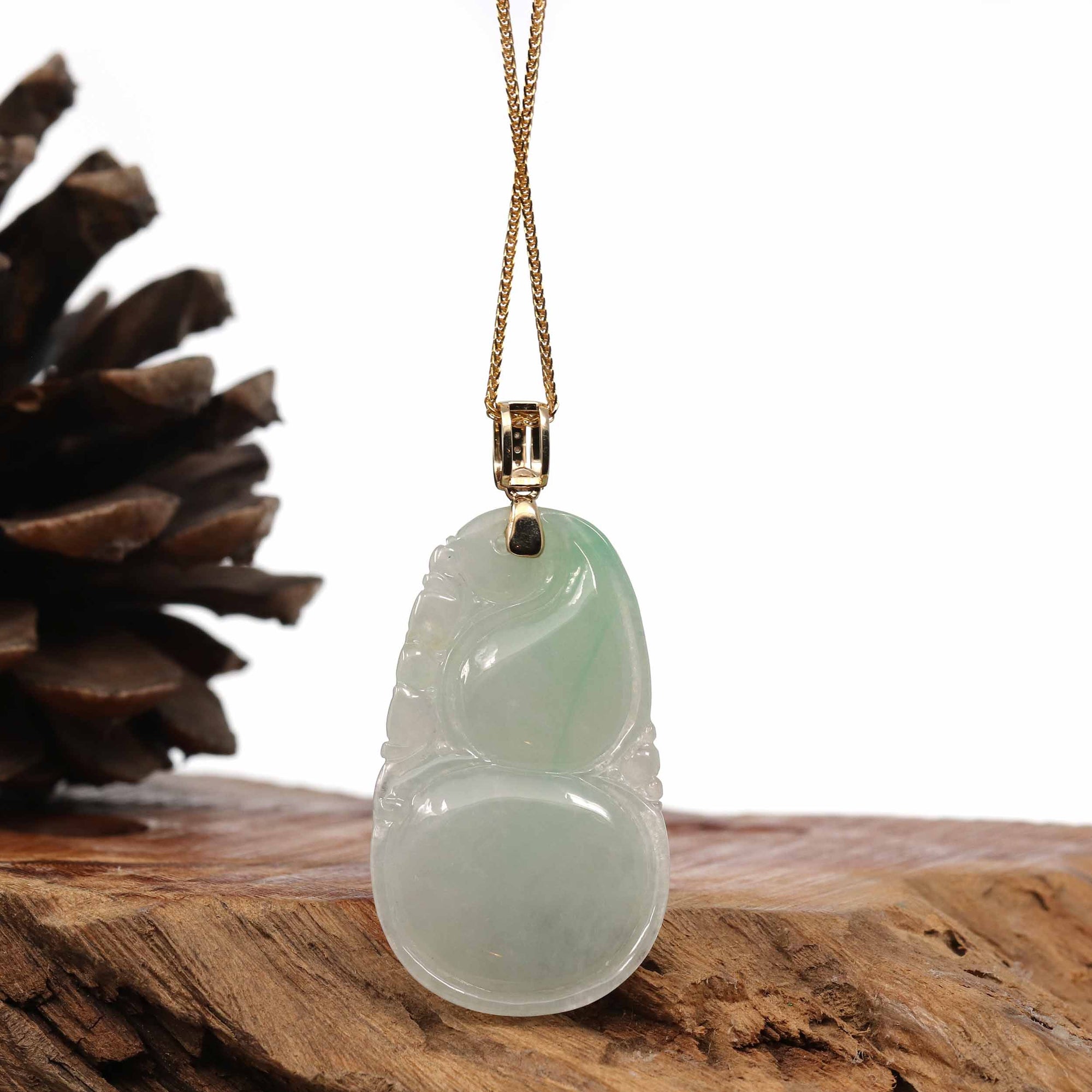 Baikalla Jewelry Jade Pendant 14K Yellow Gold Jadeite Jade Good Luck Hulu Bottle Gourd Necklace With Diamonds