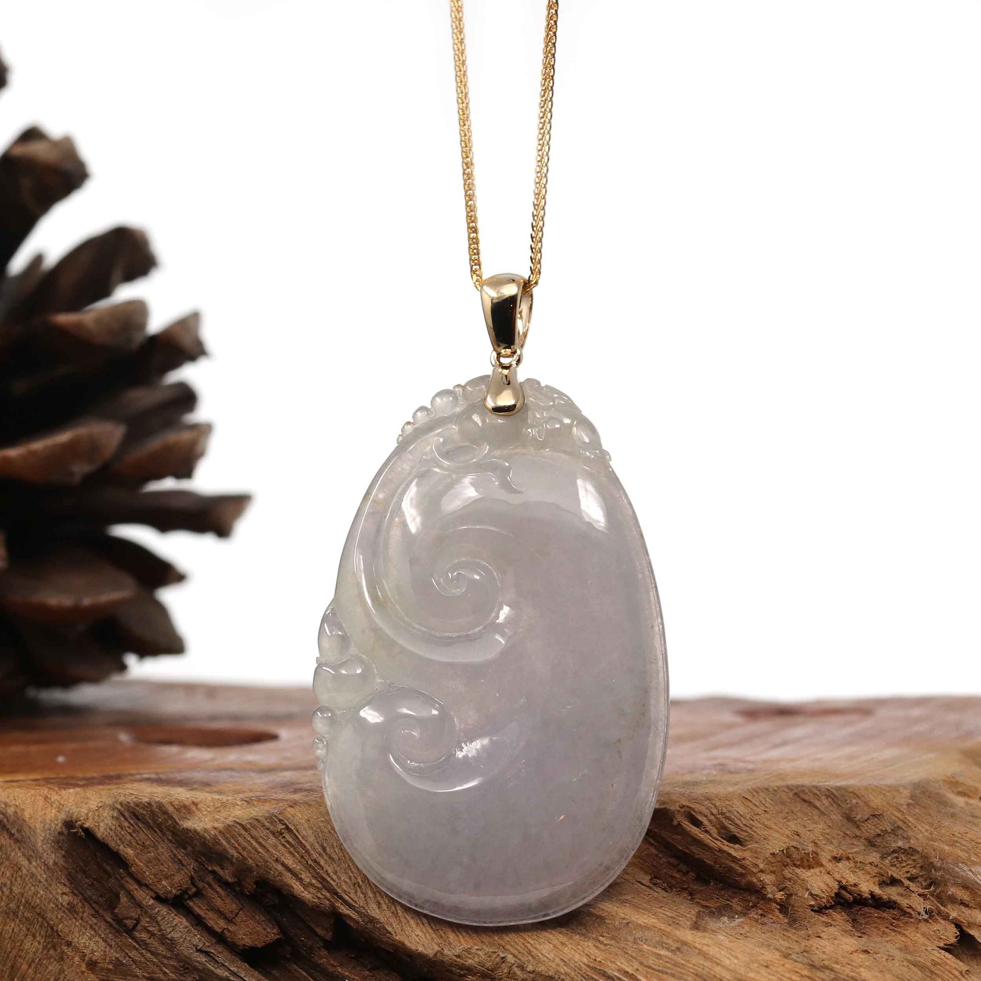 Baikalla Jewelry Jade Pendant Copy of Copy of Copy of 14k Yellow Gold Genuine Burmese Light Lavender Jadeite Happiness and Safety (Fu & Pingan) Pendant Necklace