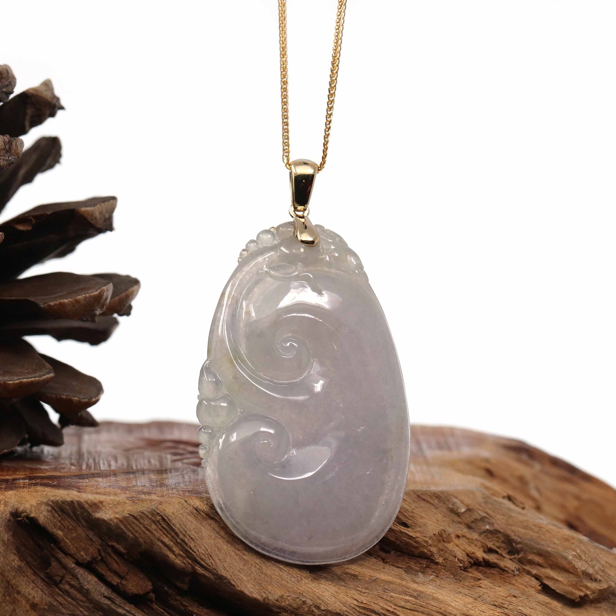 Baikalla Jewelry Jade Pendant Copy of Copy of Copy of 14k Yellow Gold Genuine Burmese Light Lavender Jadeite Happiness and Safety (Fu & Pingan) Pendant Necklace