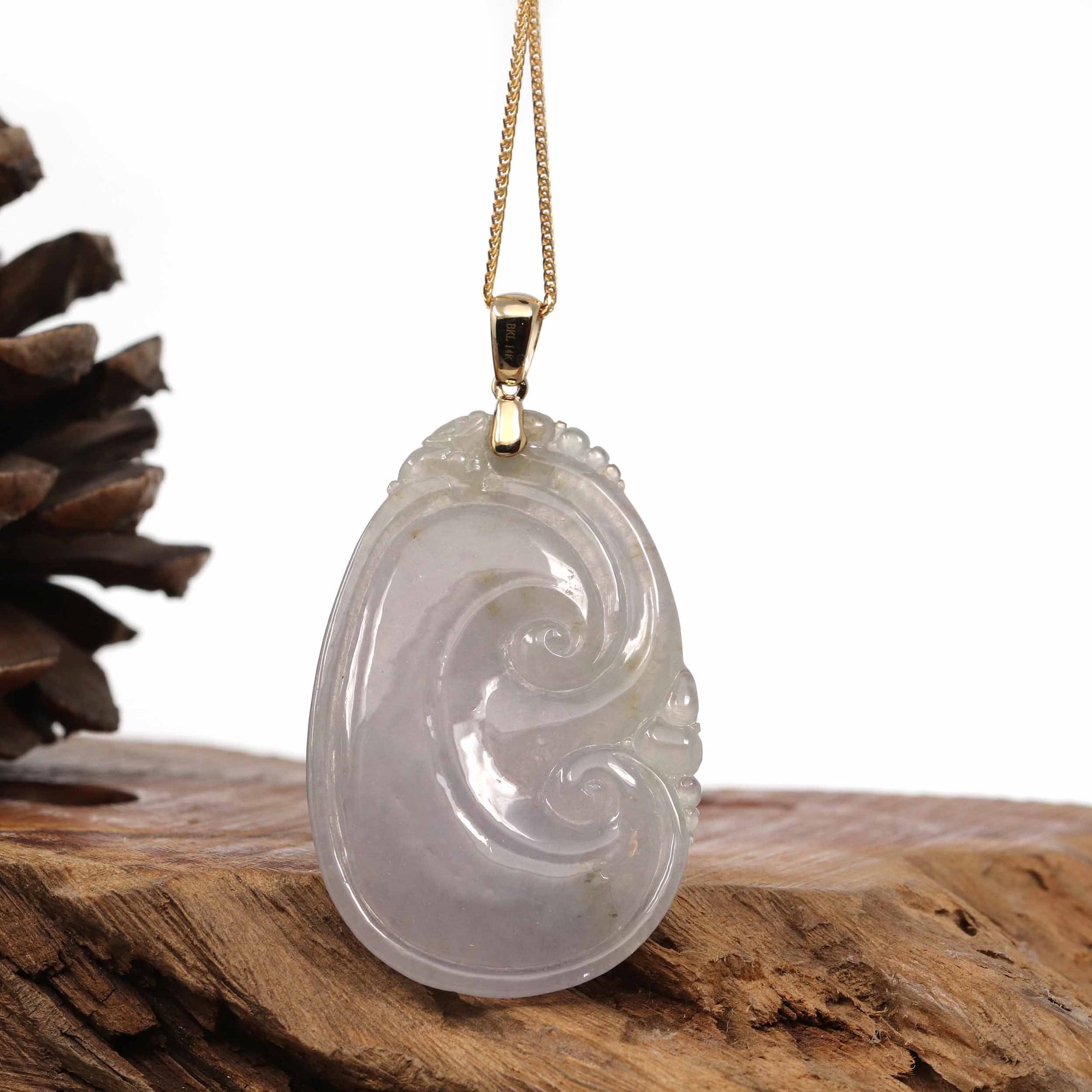 Baikalla Jewelry Jade Pendant Copy of Copy of Copy of 14k Yellow Gold Genuine Burmese Light Lavender Jadeite Happiness and Safety (Fu & Pingan) Pendant Necklace