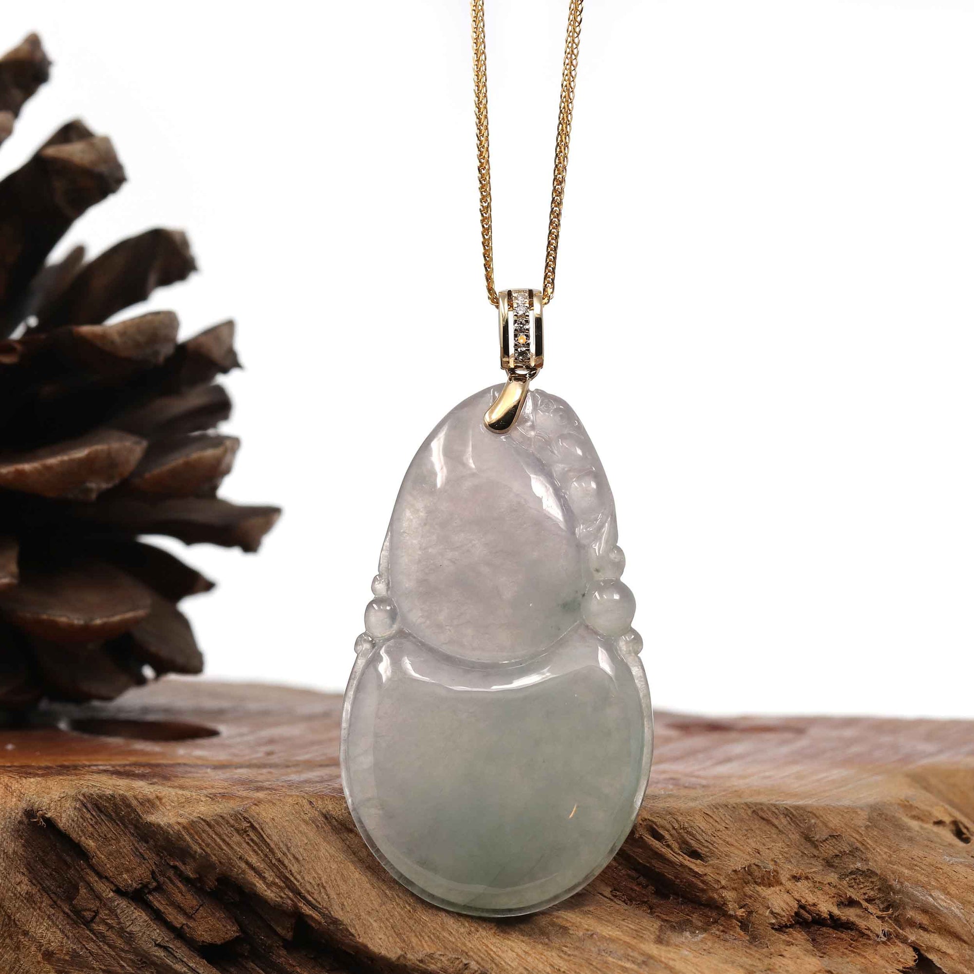 Baikalla Jewelry Jade Pendant 14K Yellow Gold Jadeite Jade Good Luck Hulu Bottle Gourd Necklace With Diamonds