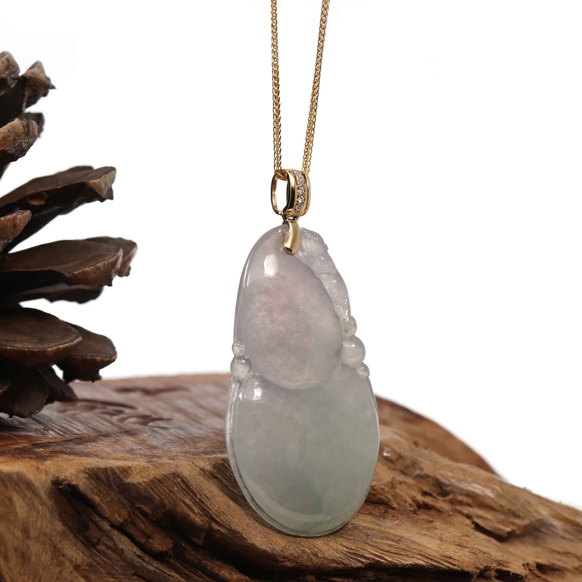 Baikalla Jewelry Jade Pendant 14K Yellow Gold Jadeite Jade Good Luck Hulu Bottle Gourd Necklace With Diamonds