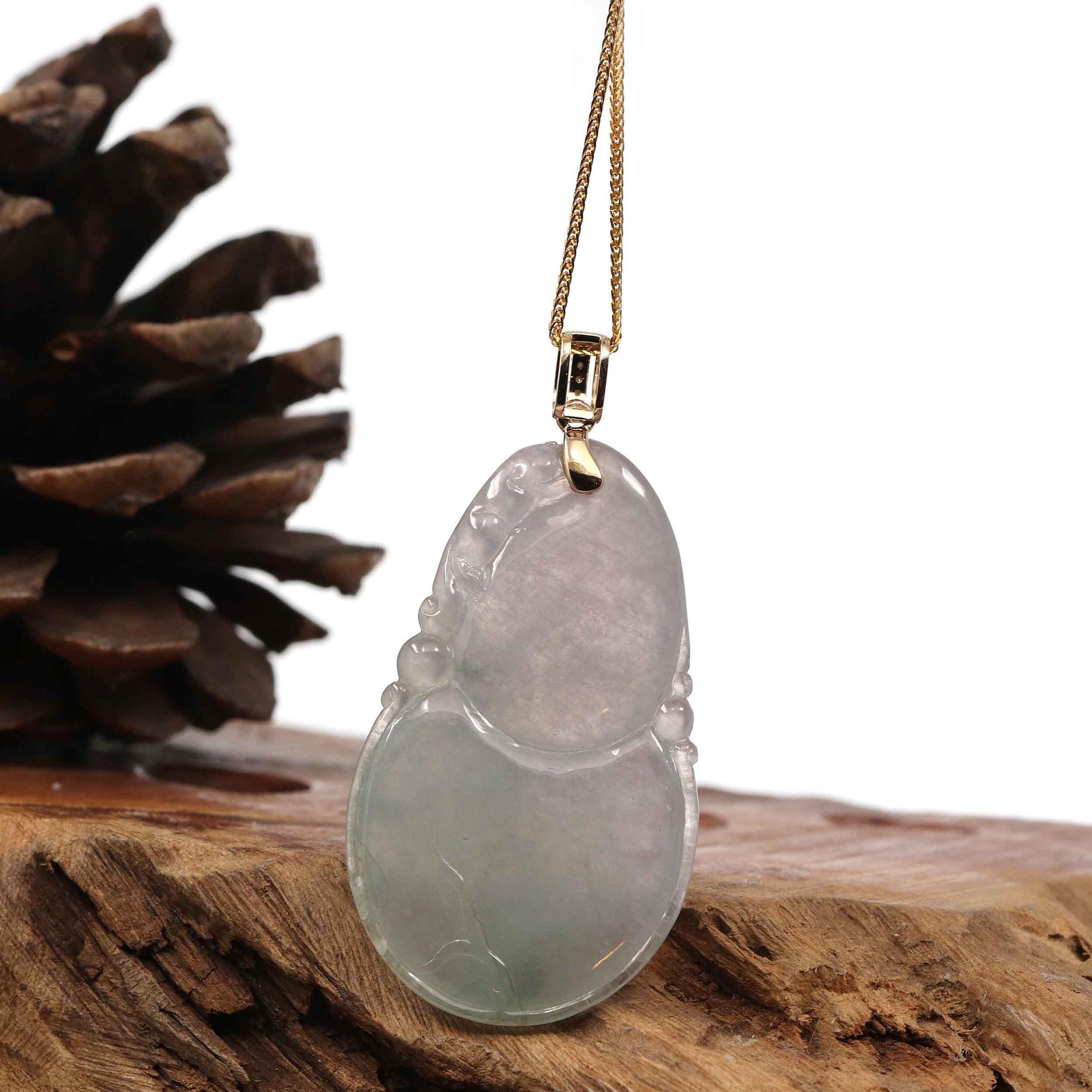 Baikalla Jewelry Jade Pendant 14K Yellow Gold Jadeite Jade Good Luck Hulu Bottle Gourd Necklace With Diamonds