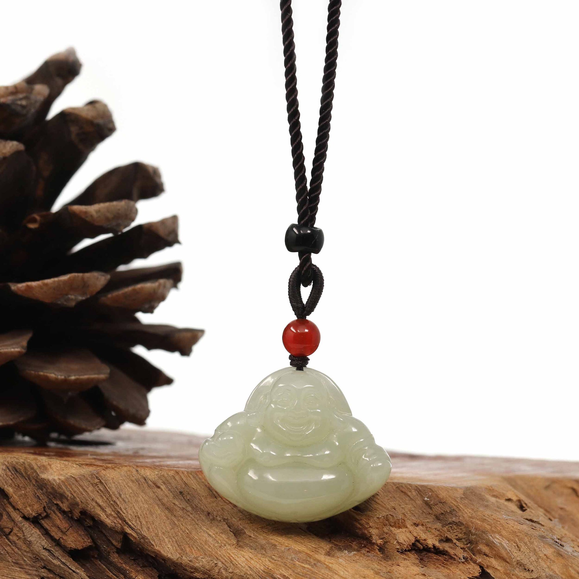 Baikalla Jewelry Jade Pendant Necklace "Laughing Buddha" Genuine White Jade Pendant Necklace