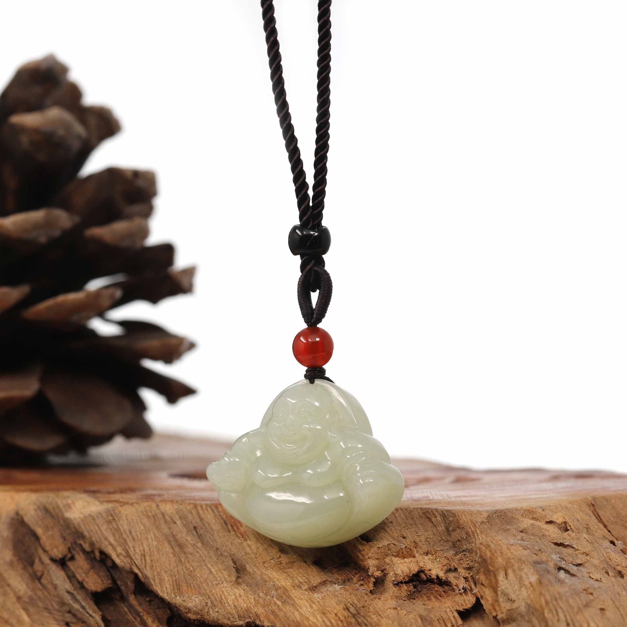 Baikalla Jewelry Jade Pendant Necklace "Laughing Buddha" Genuine White Jade Pendant Necklace