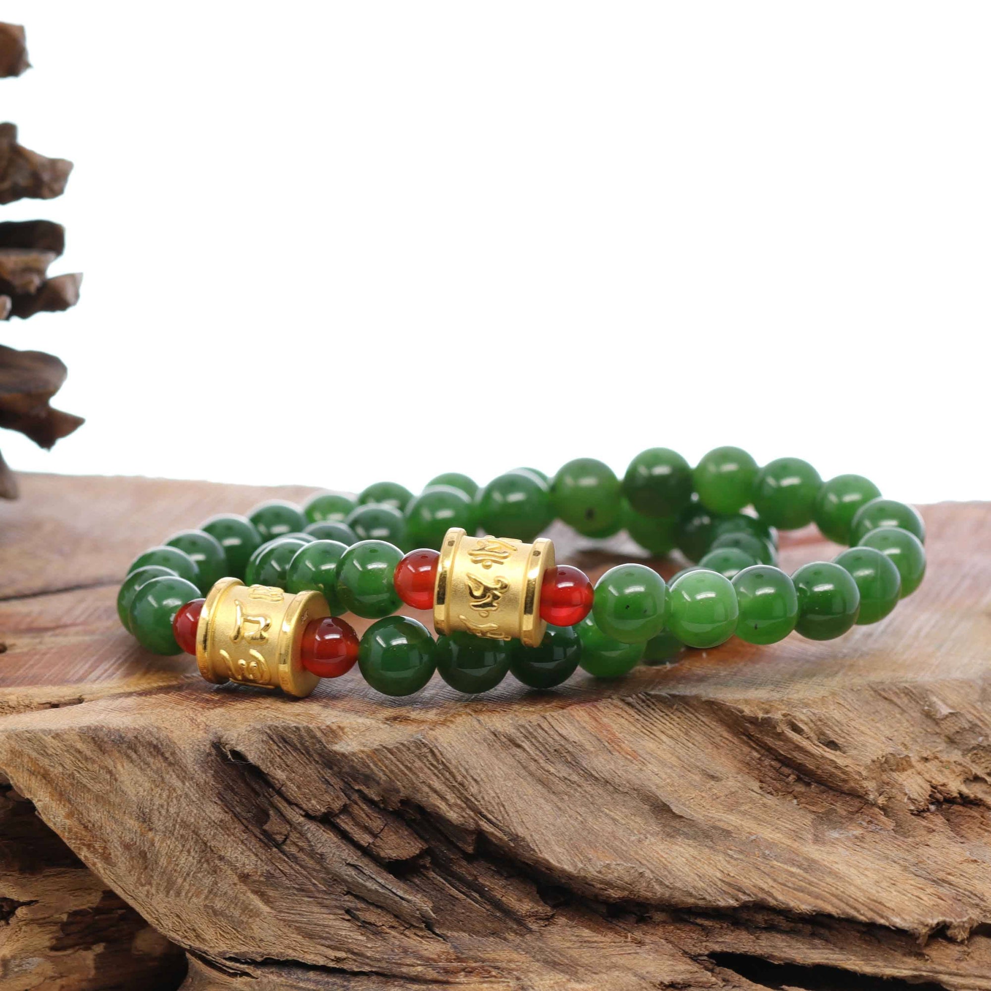 Baikalla Jewelry jade beads bracelet 24K Pure Yellow Gold Buddha Symbol Tongtong With Genuine Green Jade Round Beads Bracelet Bangle ( 8 mm )