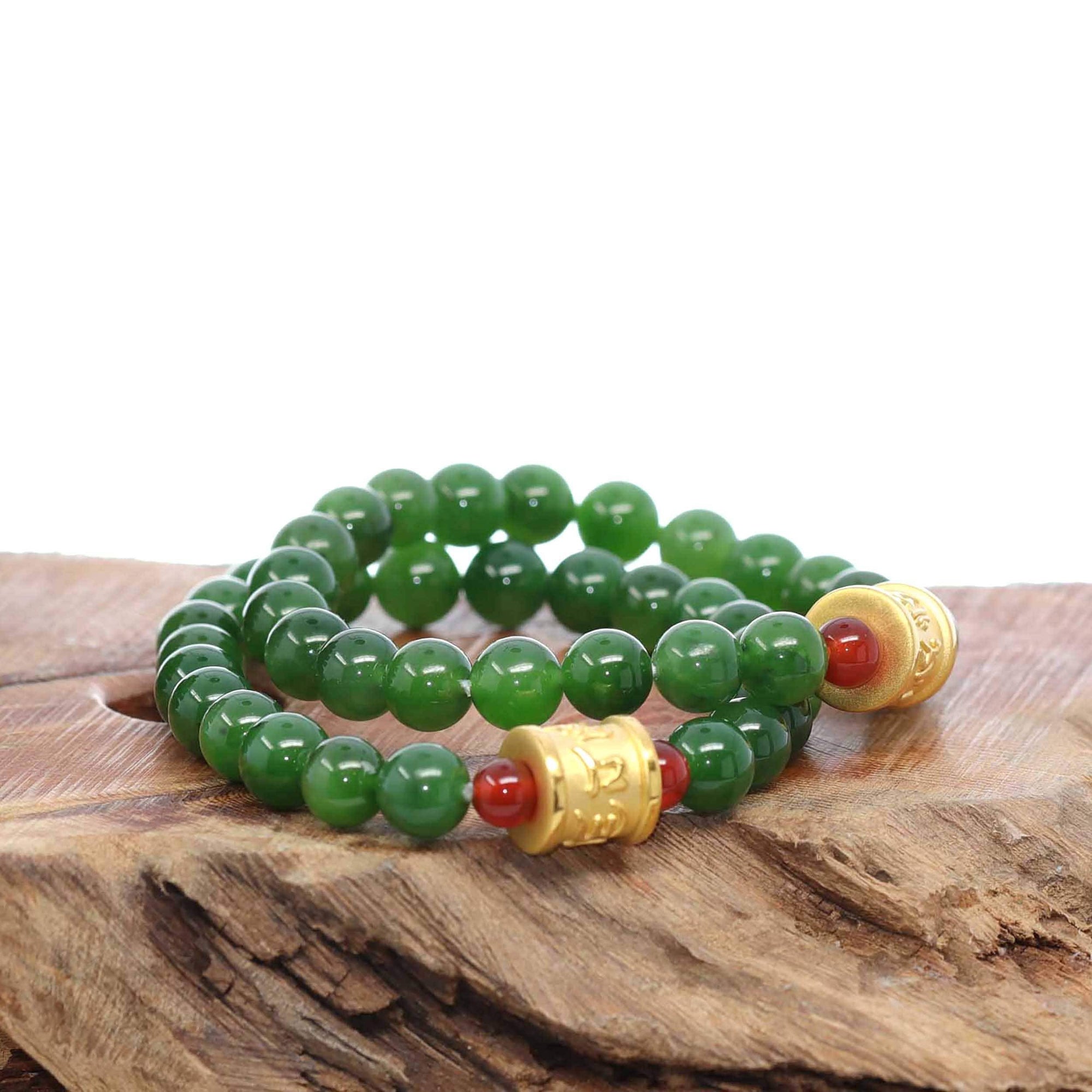 Baikalla Jewelry jade beads bracelet 24K Pure Yellow Gold Buddha Symbol Tongtong With Genuine Green Jade Round Beads Bracelet Bangle ( 8 mm )