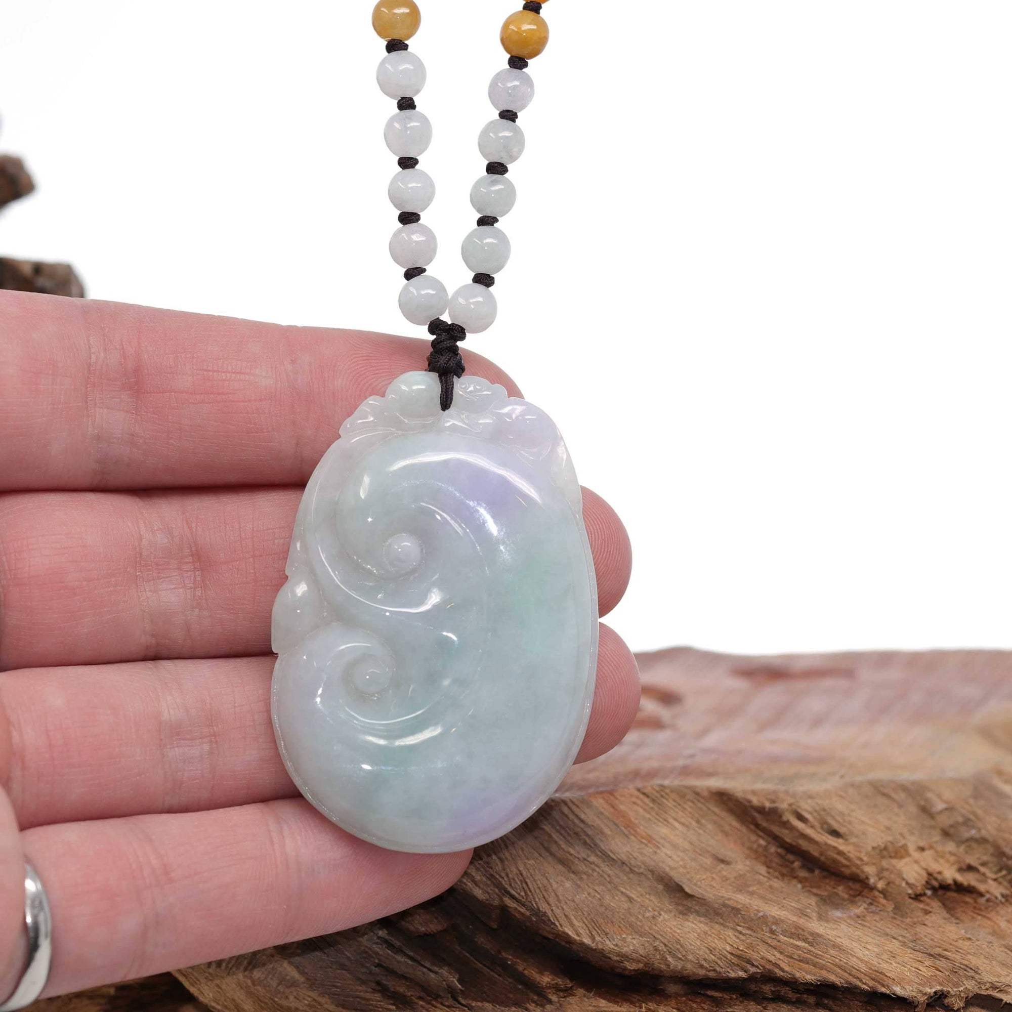 Baikalla Jewelry Jade Guanyin Pendant Necklace Baikalla "As you wish" Genuine Burmese Jadeite Jade Green and Lavender Ruyi Necklace