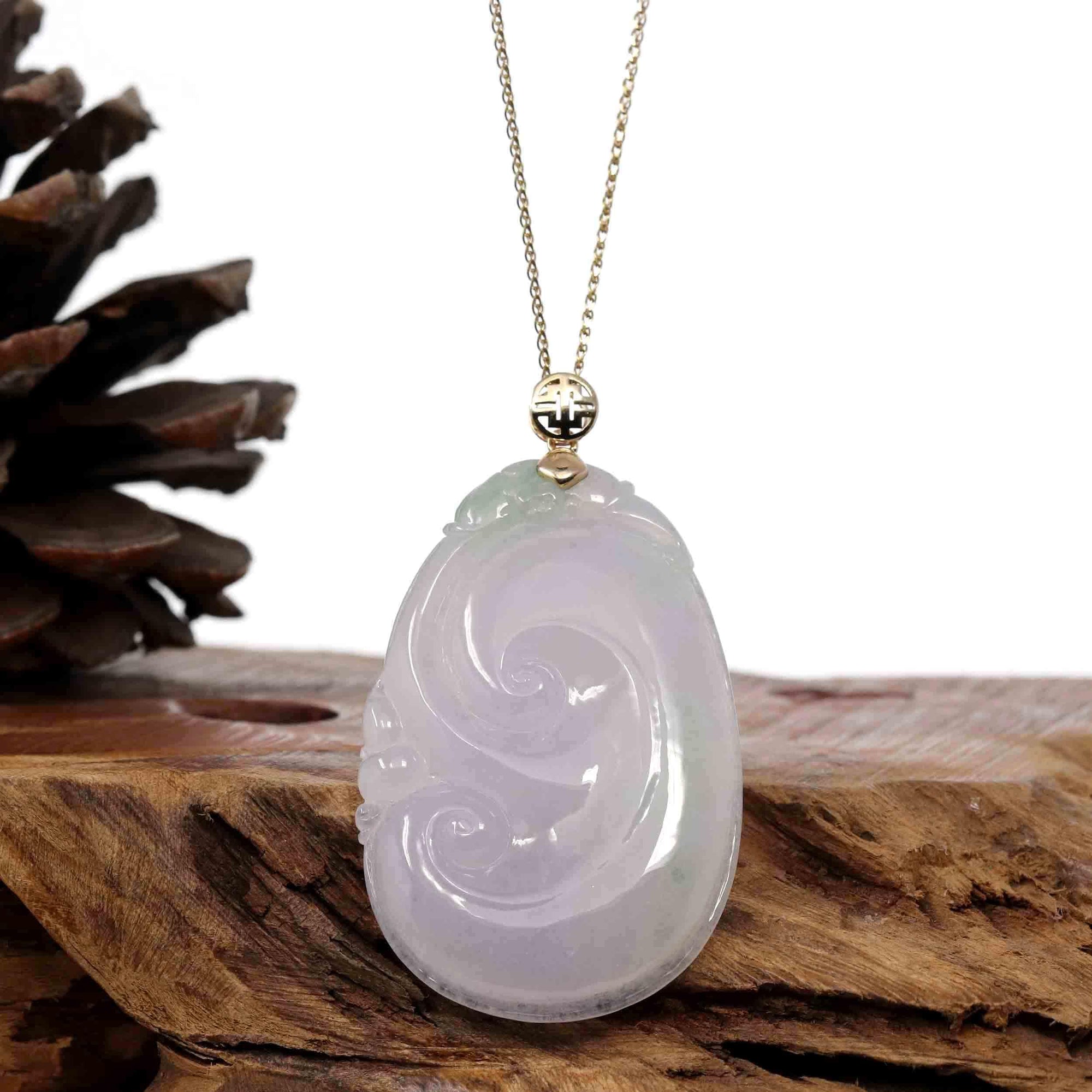 Baikalla Jewelry Jade Guanyin Pendant Necklace Copy of Genuine Lavender Jadeite Jade RuYi Pendant Necklace With 14K Yellow Gold Bail