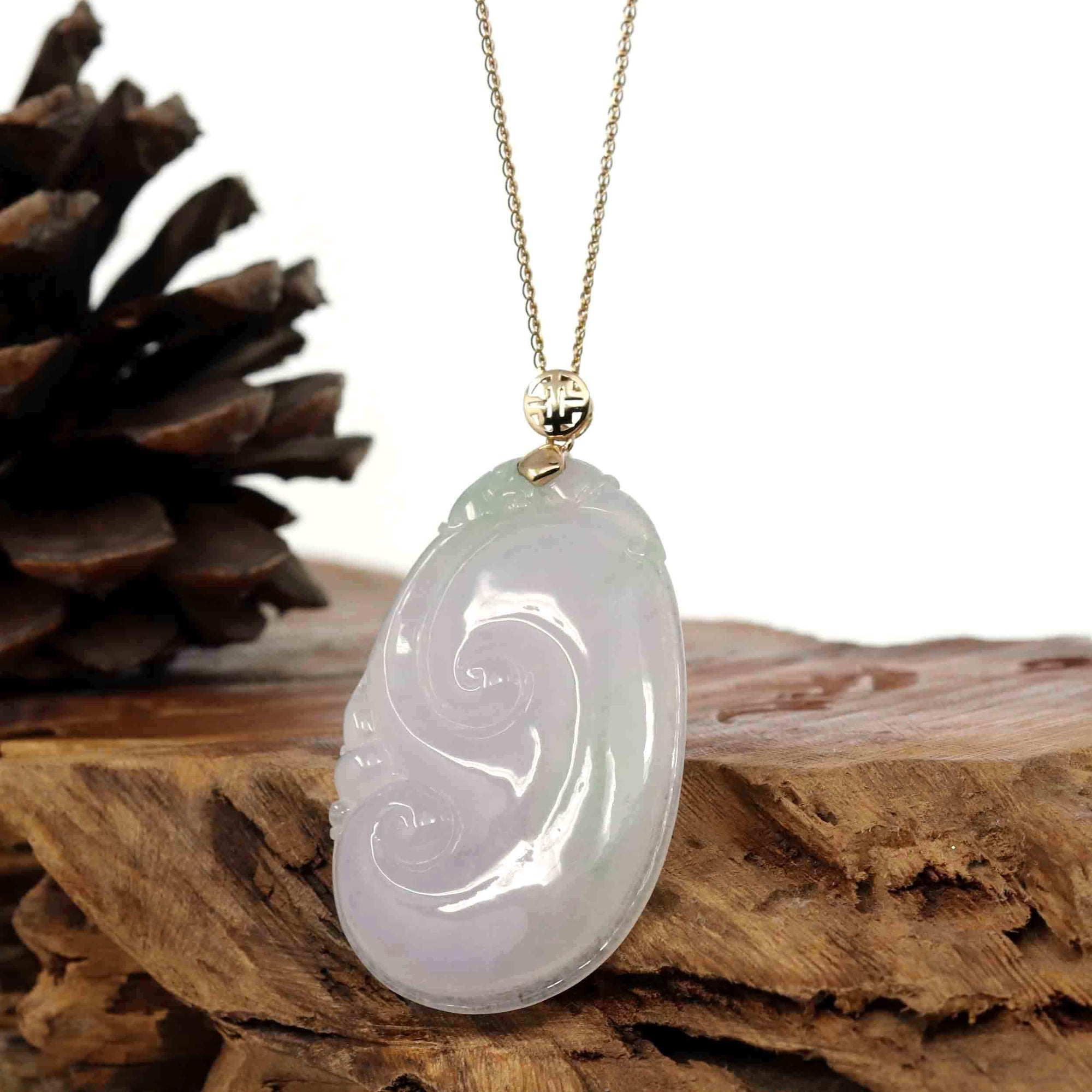 Baikalla Jewelry Jade Guanyin Pendant Necklace Copy of Genuine Lavender Jadeite Jade RuYi Pendant Necklace With 14K Yellow Gold Bail