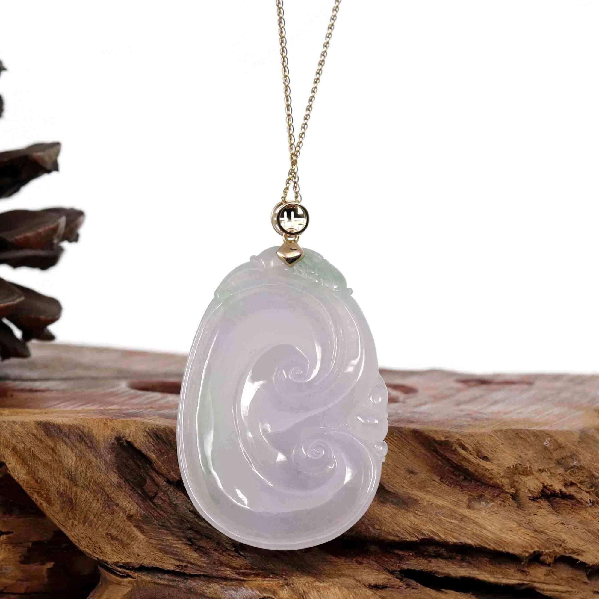 Baikalla Jewelry Jade Guanyin Pendant Necklace Copy of Genuine Lavender Jadeite Jade RuYi Pendant Necklace With 14K Yellow Gold Bail