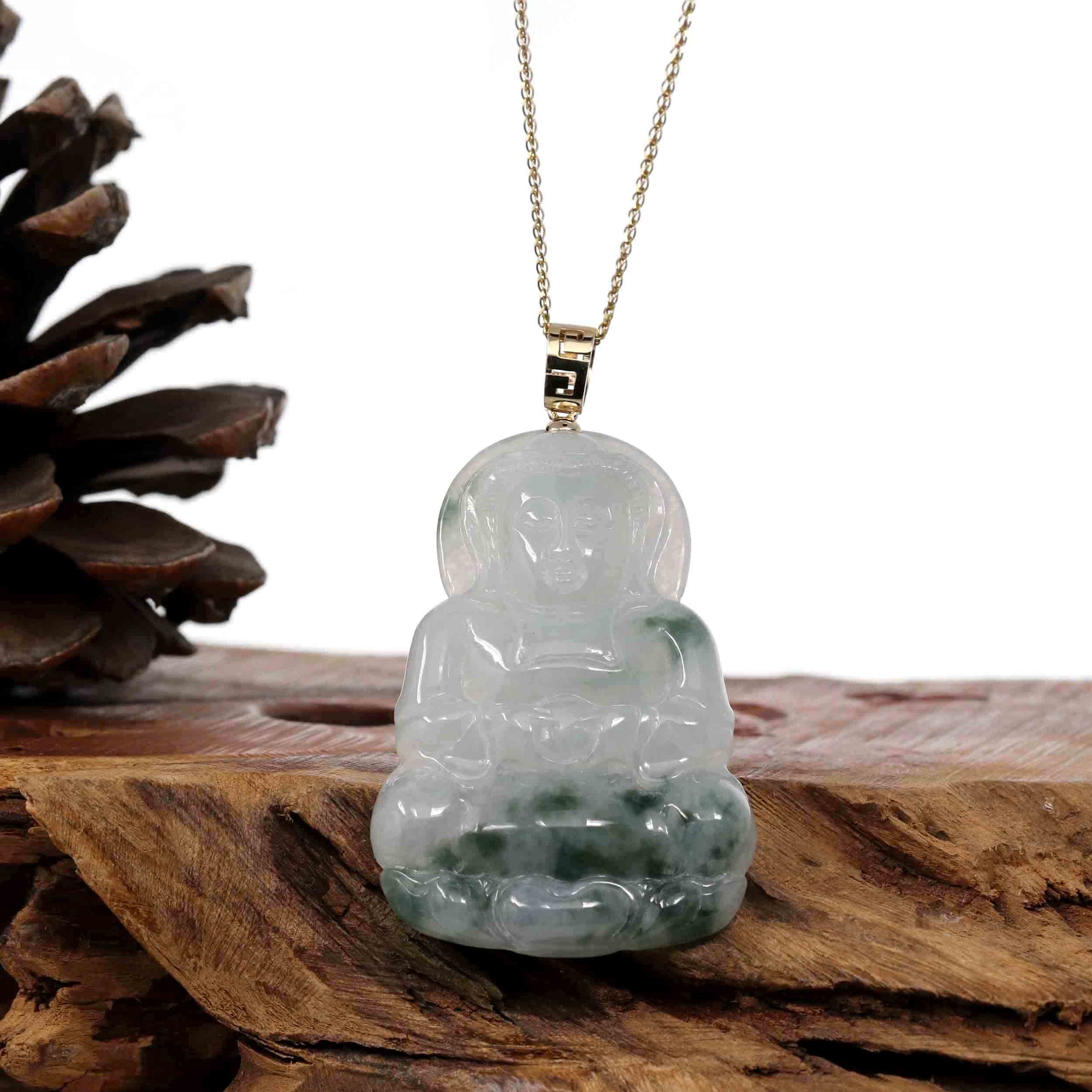 Baikalla Jewelry Jade Guanyin Pendant Necklace Copy of Baikalla &quot;Goddess of Compassion&quot; Genuine Burmese Ice Blue Jadeite Jade Guanyin Necklace With Good Luck Design 14K Gold  Bail