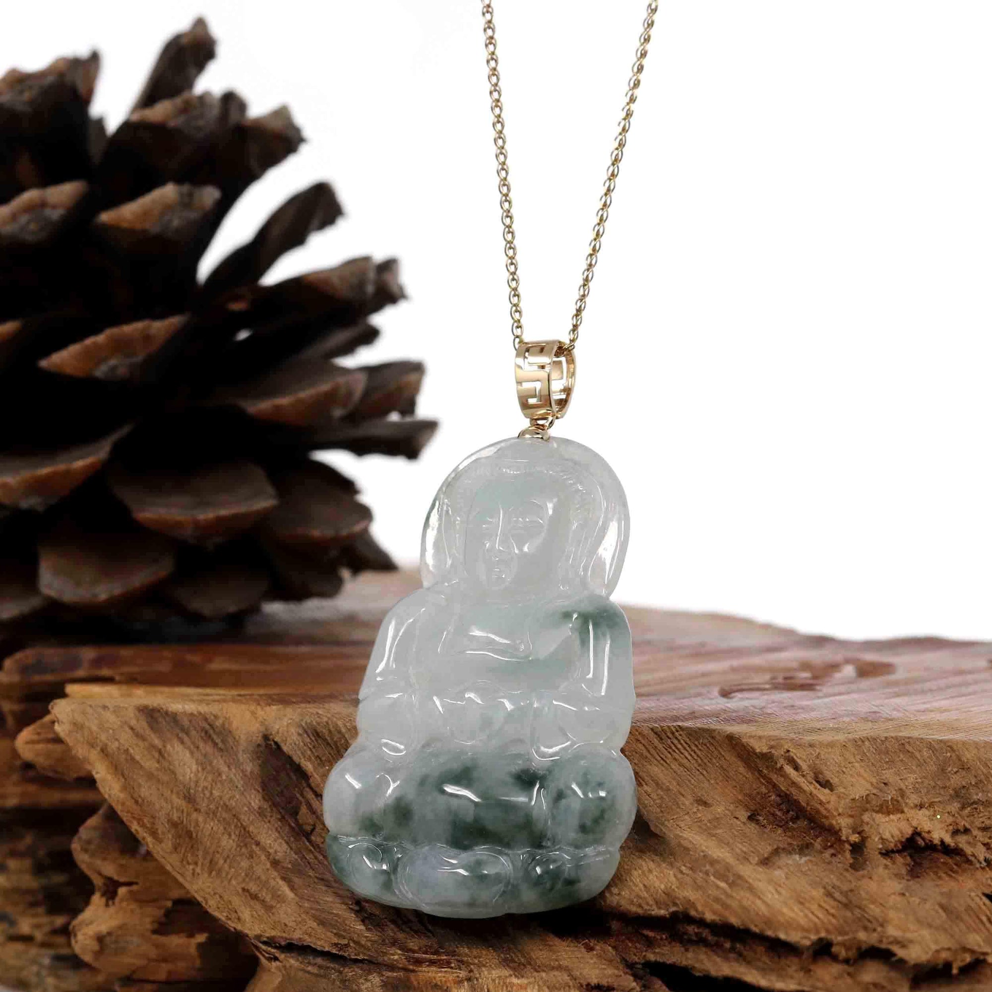 Baikalla Jewelry Jade Guanyin Pendant Necklace Copy of Baikalla &quot;Goddess of Compassion&quot; Genuine Burmese Ice Blue Jadeite Jade Guanyin Necklace With Good Luck Design 14K Gold  Bail